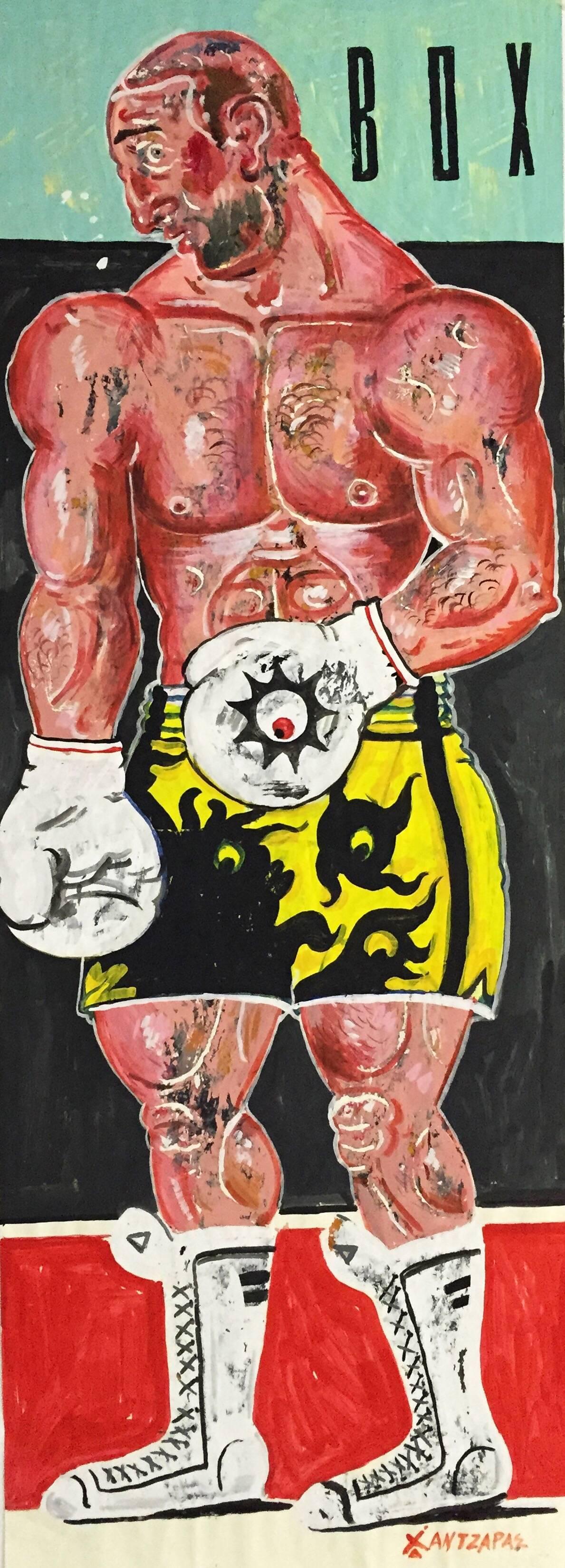 Apostolos Chantzaras Figurative Painting - Kleomedes, Life Size Boxer Painting on Paper, Bright Graphic Pop Colors