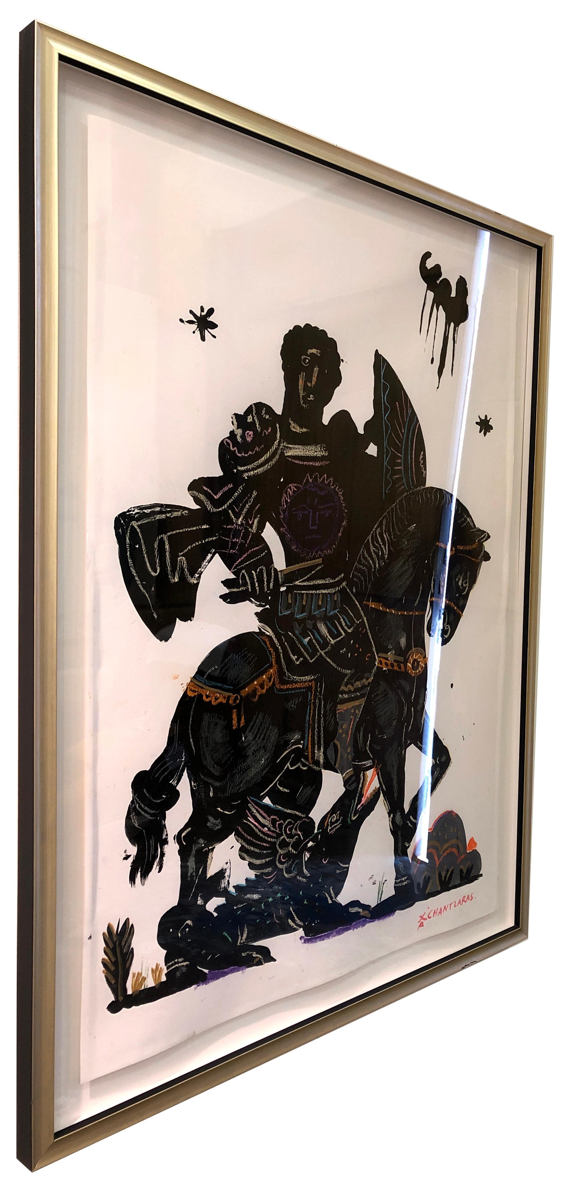 Noble Rider, oil paint on paper, gold and blue contemporary silver frame - Painting by Apostolos Chantzaras