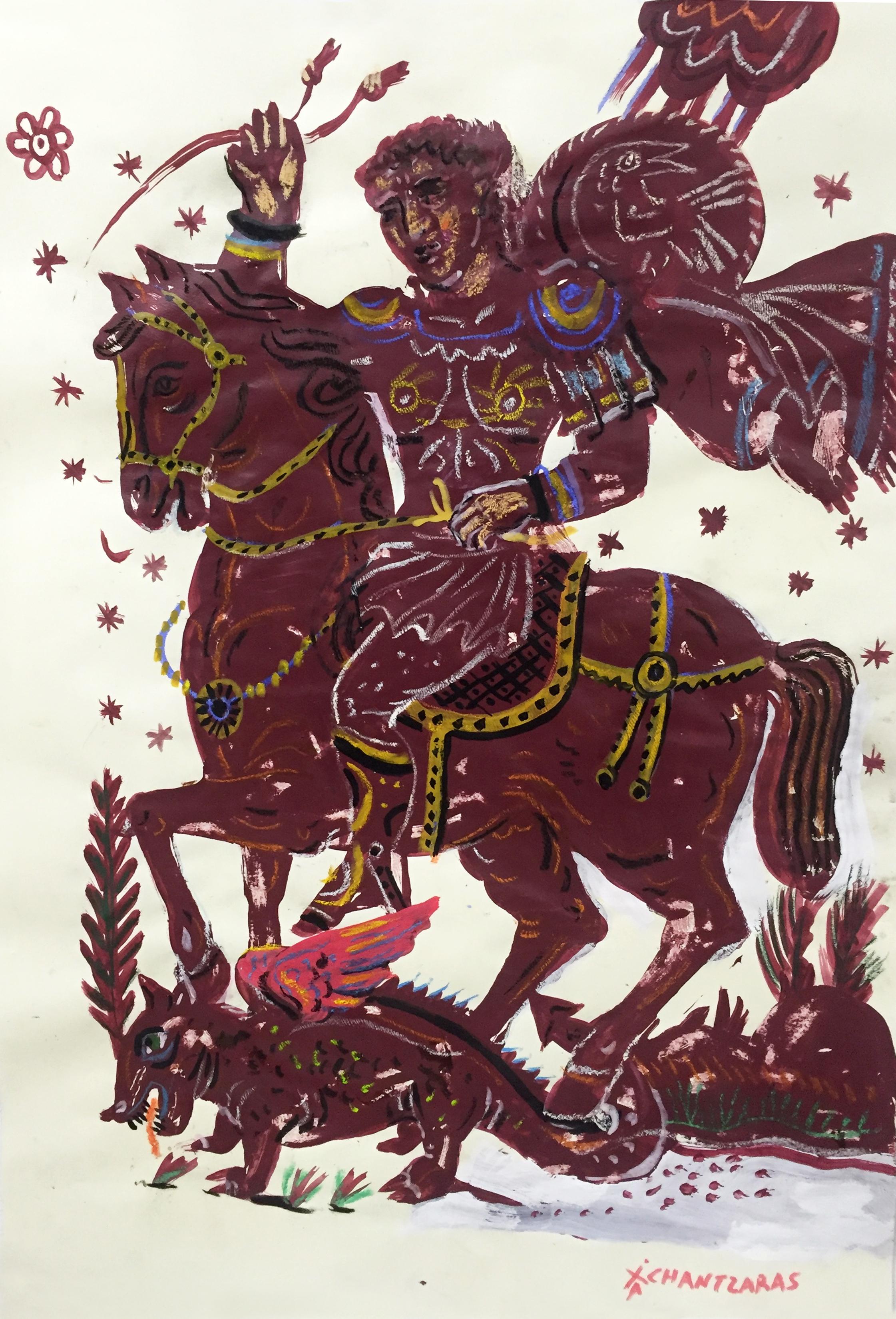 Apostolos Chantzaras Figurative Painting - Peaceful Rider, Contemporary and Bold Painting on paper, with Hero and Horse