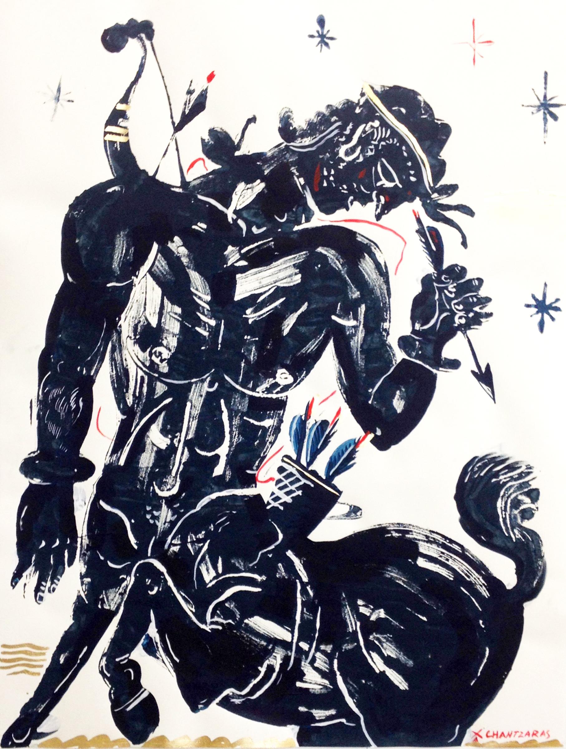 Pholus Centaur, Mythological Male Figure, black, red and gold painting on paper - Art by Apostolos Chantzaras