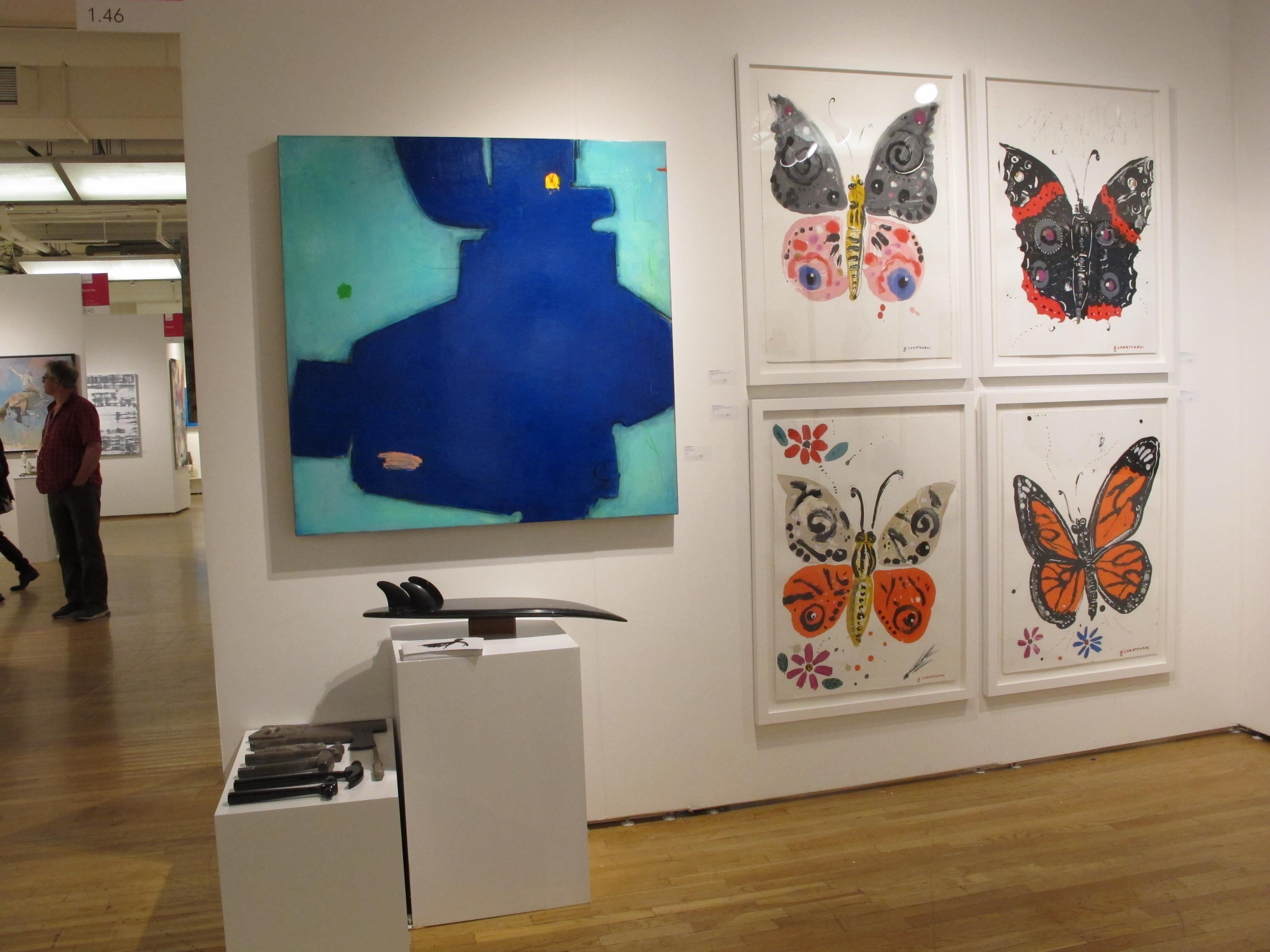 Psychi 2, Happy & contemporary, farbenfrohes Schmetterlingsgemälde auf Papier, orange (Zeitgenössisch), Painting, von Apostolos Chantzaras
