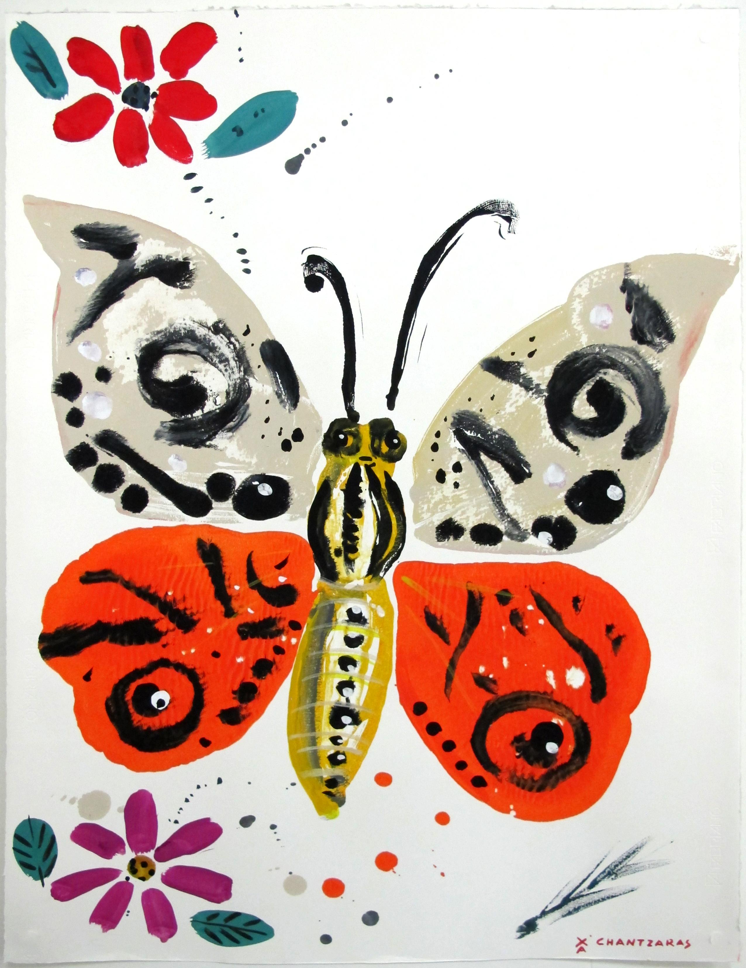 Psychi 2, Happy & contemporary, farbenfrohes Schmetterlingsgemälde auf Papier, orange