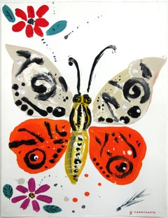 Psychi 2, Happy & contemporary colorful butterfly painting on paper, orange
