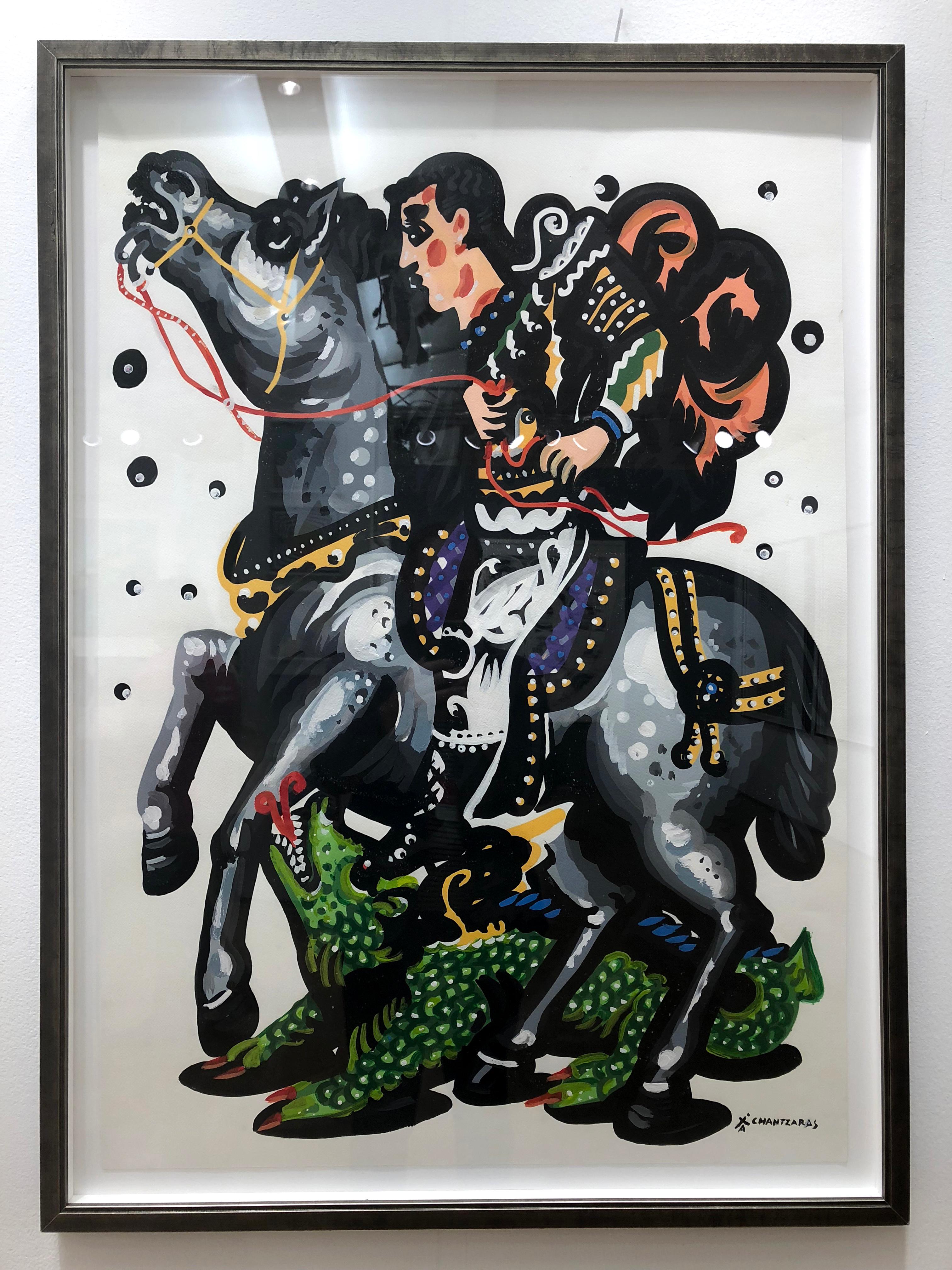 Apostolos Chantzaras Animal Painting - Rider and the Green Dragon-Pop art contemporary style classical bold painting