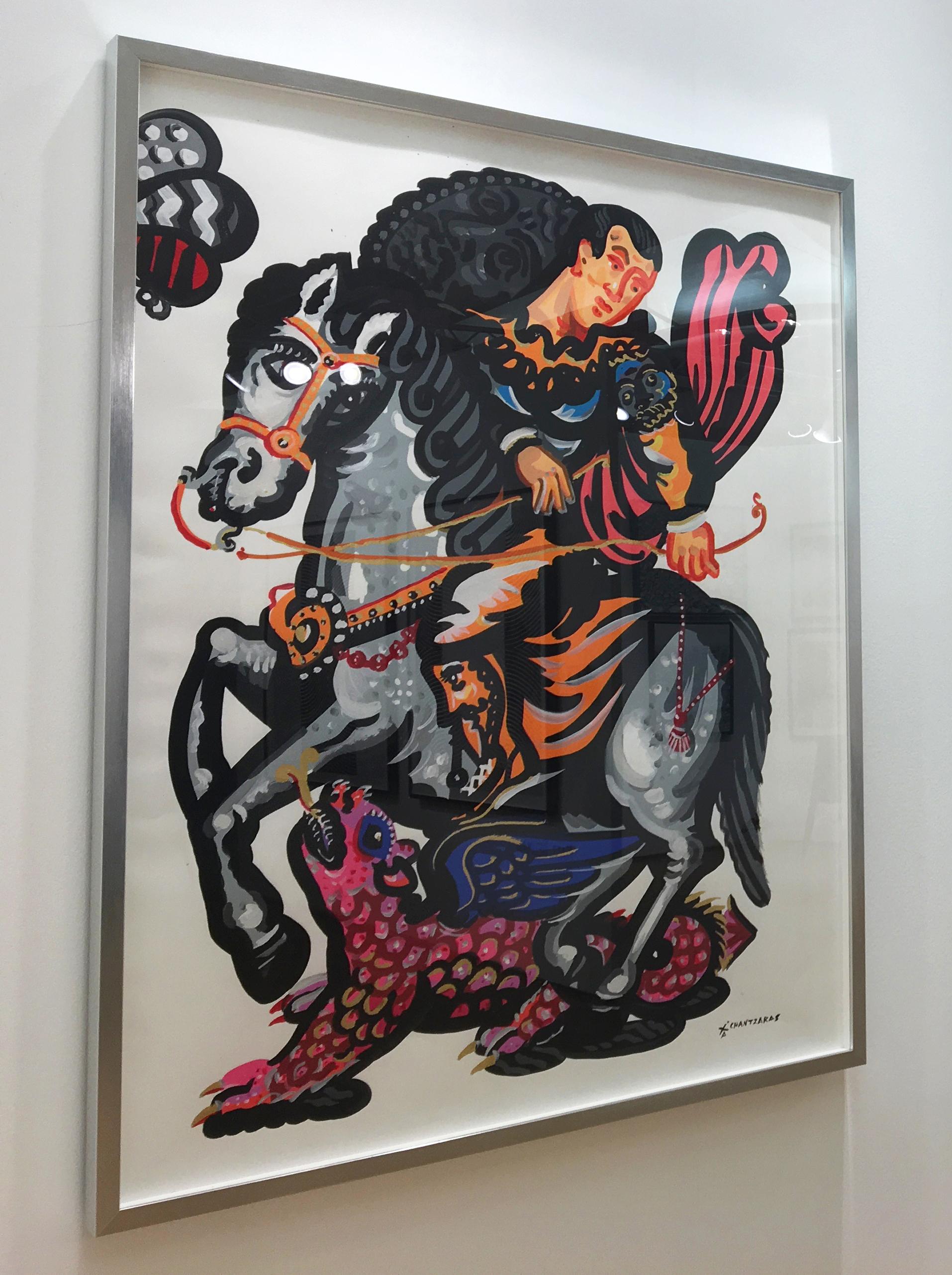 Rider and the Pink Dragon, Pop art contemporary style, bold painting with horse - Painting by Apostolos Chantzaras