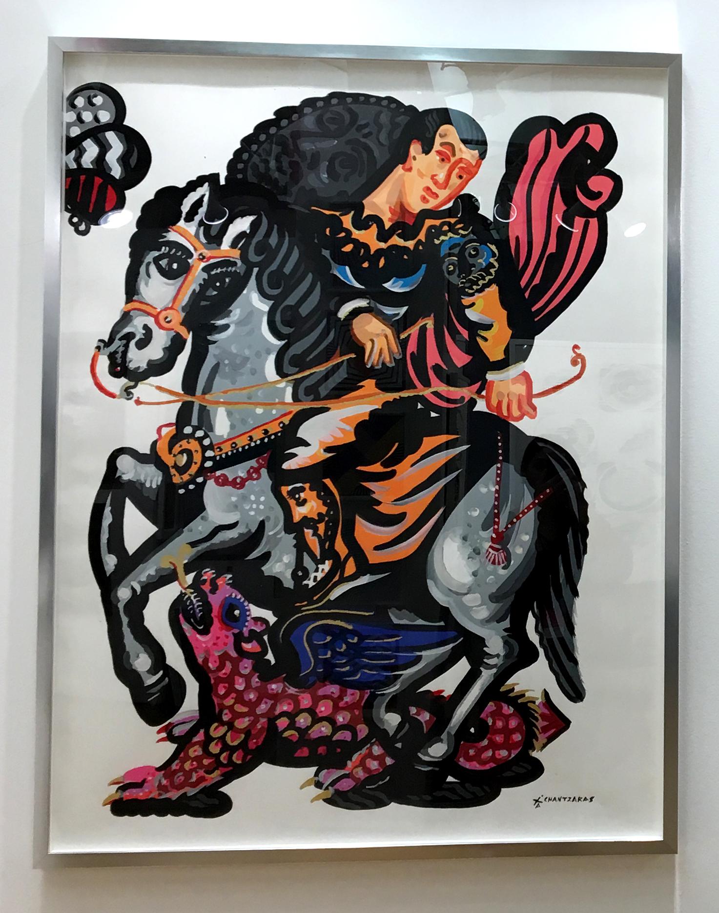 Rider and the Pink Dragon, Pop art contemporary style, bold painting with horse