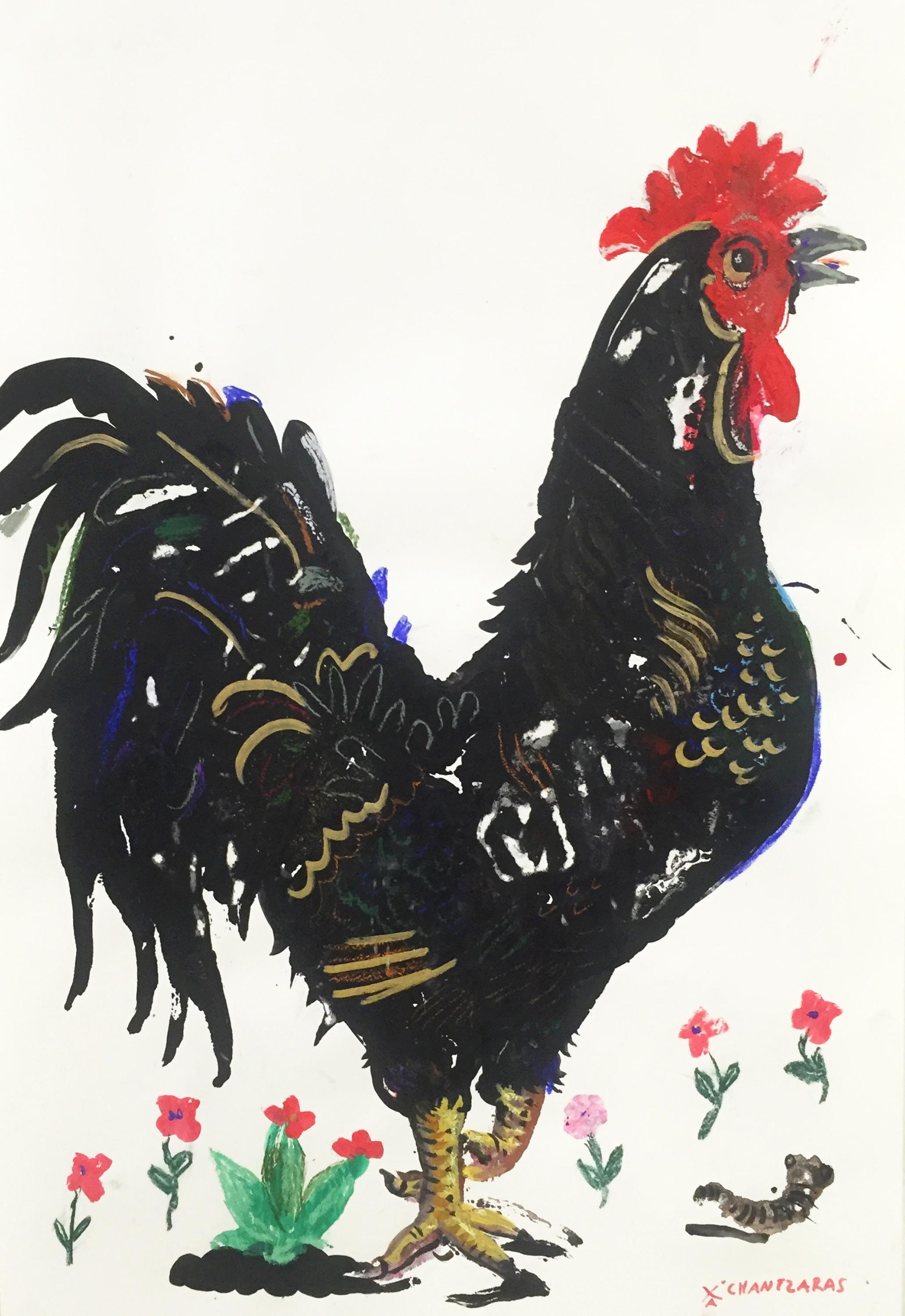 Rooster Over Flowers II, by Apostolos Chantzaras, unframed painting on paper