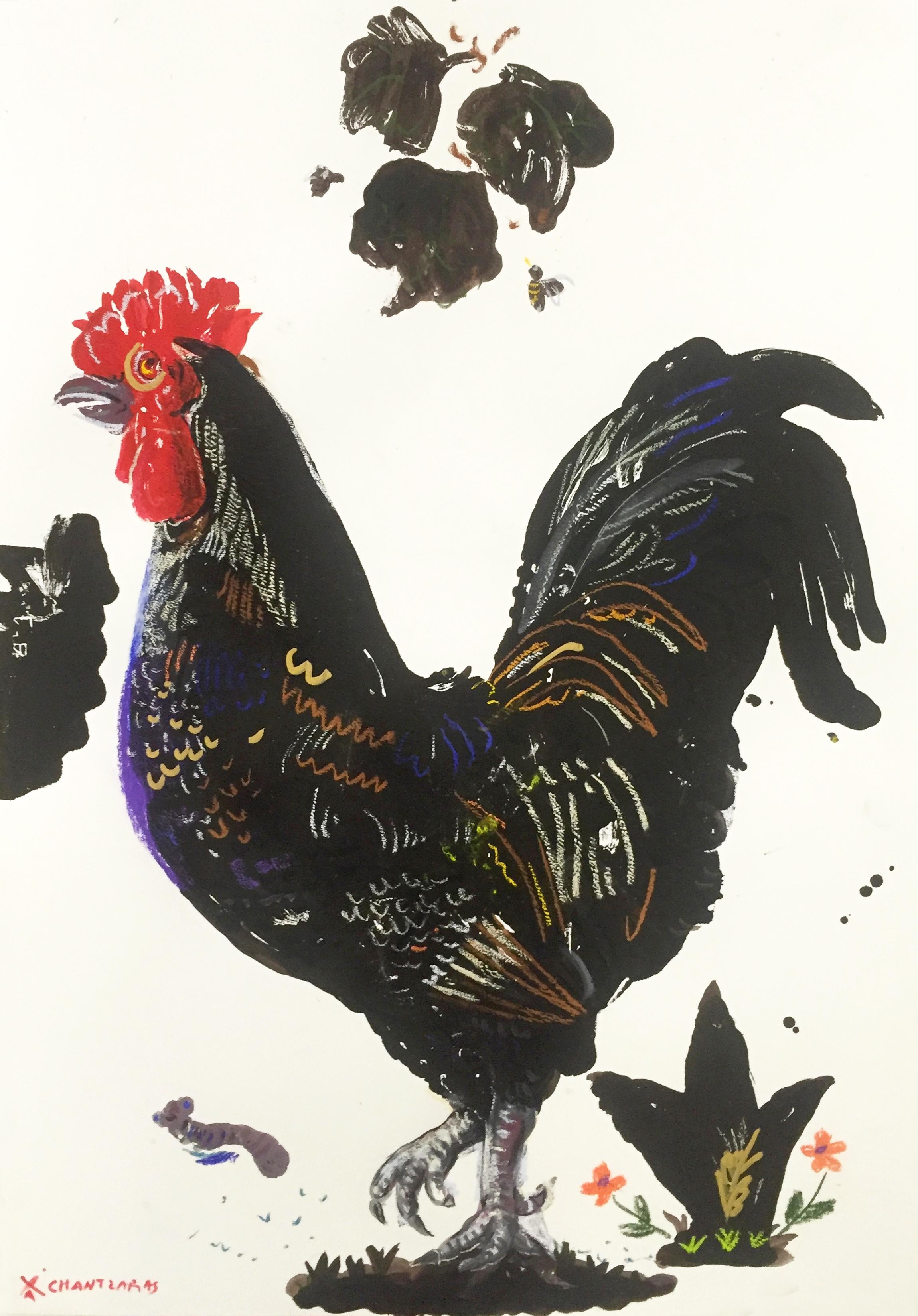 Rooster Posing, by Apostolos Chantzaras, unframed painting on paper