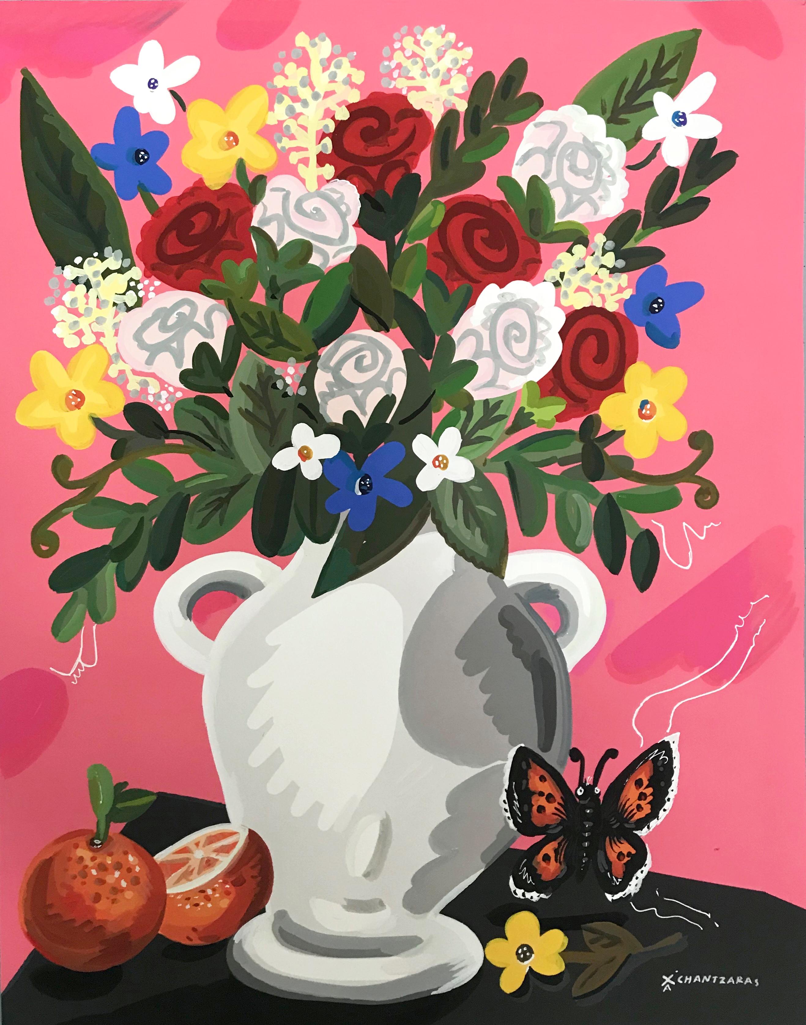 Apostolos Chantzaras Figurative Painting - Roses For You - Pop art style-classical colorful still-life flower, box framed