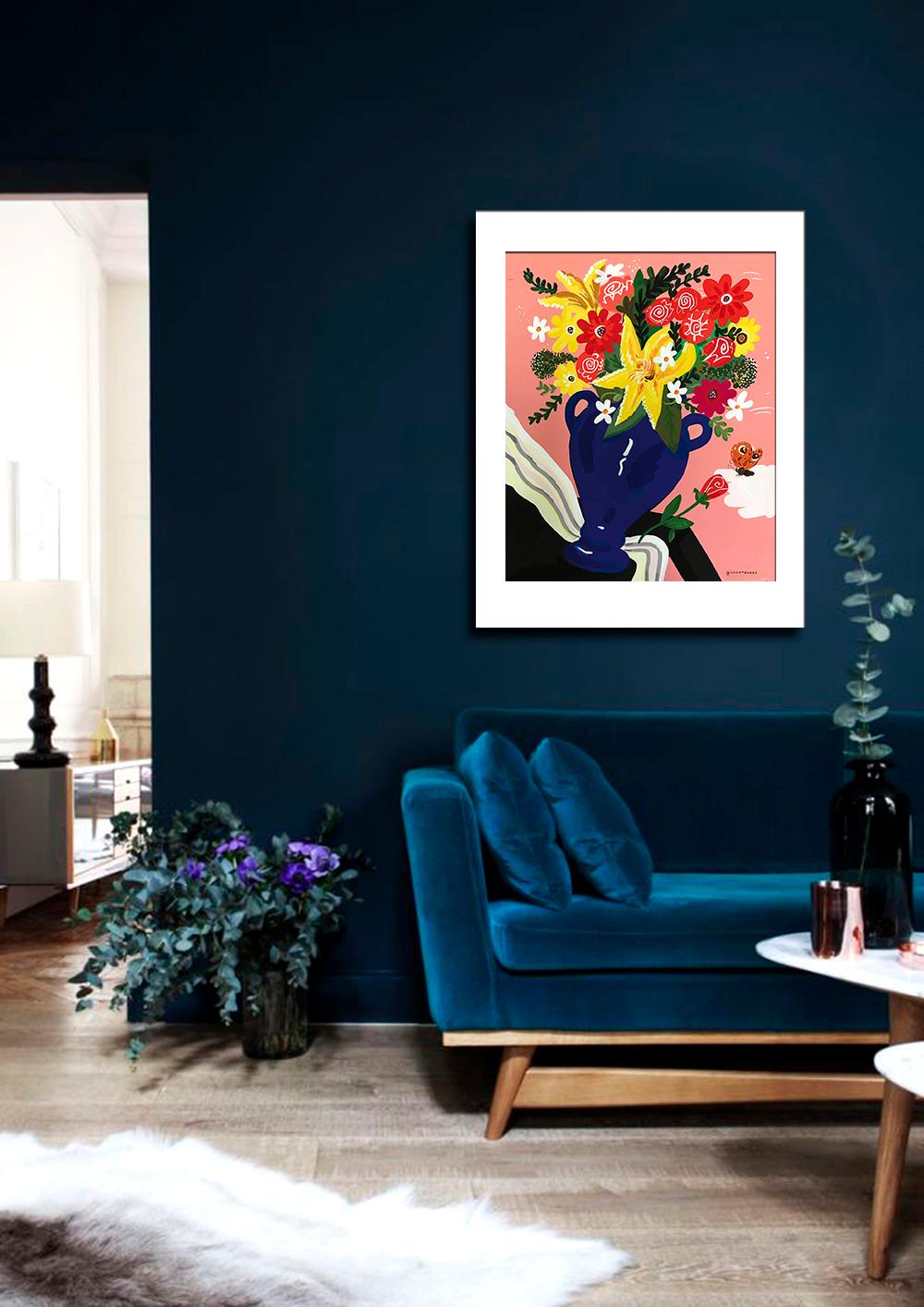 « papillon social », fleurs colorées de style Pop art, fond rose, cadre blanc - Orange Still-Life Painting par Apostolos Chantzaras