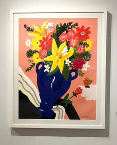 "Mariposa Social", flores de colores estilo Pop art, fondo rosa, marco blanco