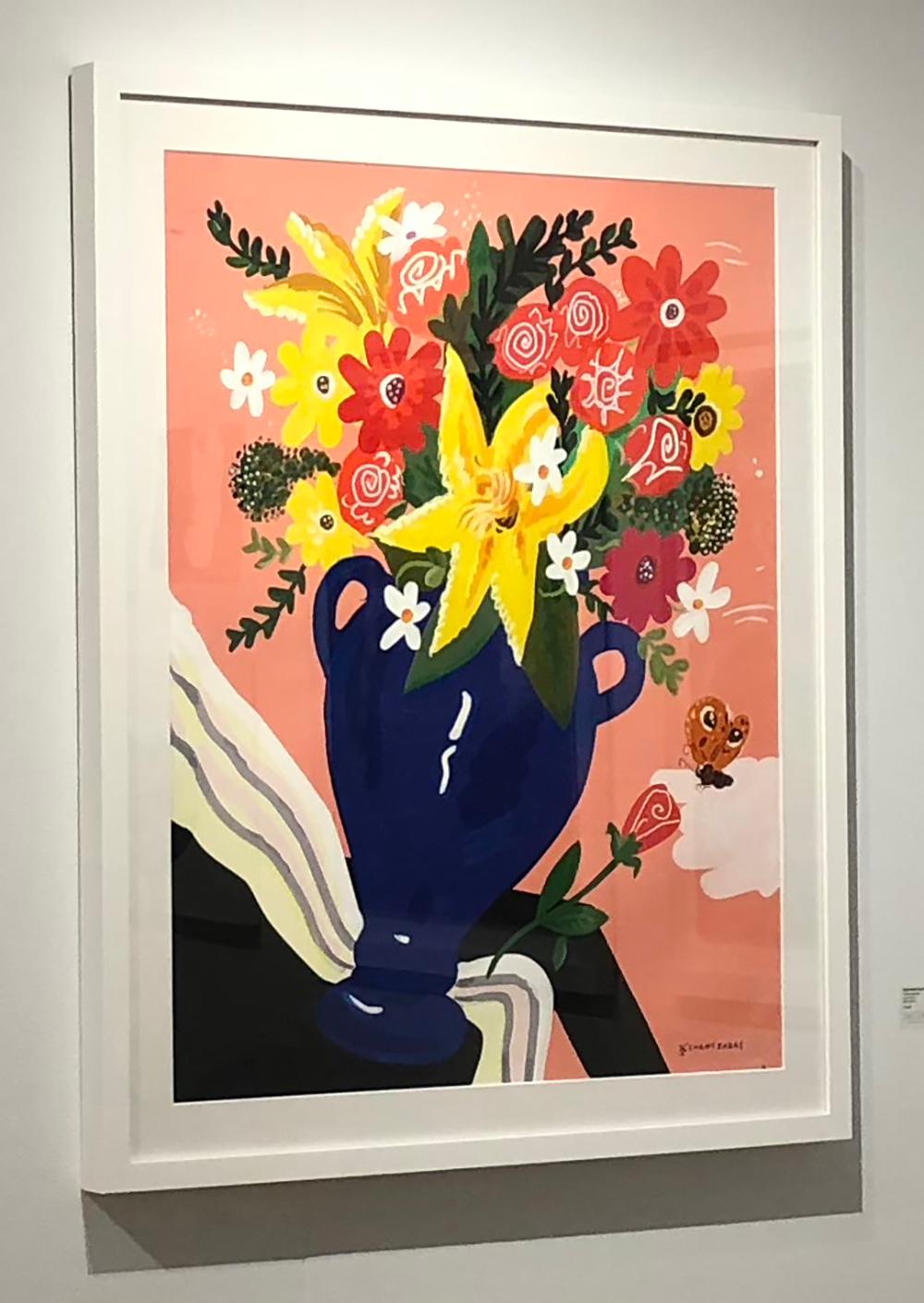 « papillon social », fleurs colorées de style Pop art, fond rose, cadre blanc - Contemporain Painting par Apostolos Chantzaras