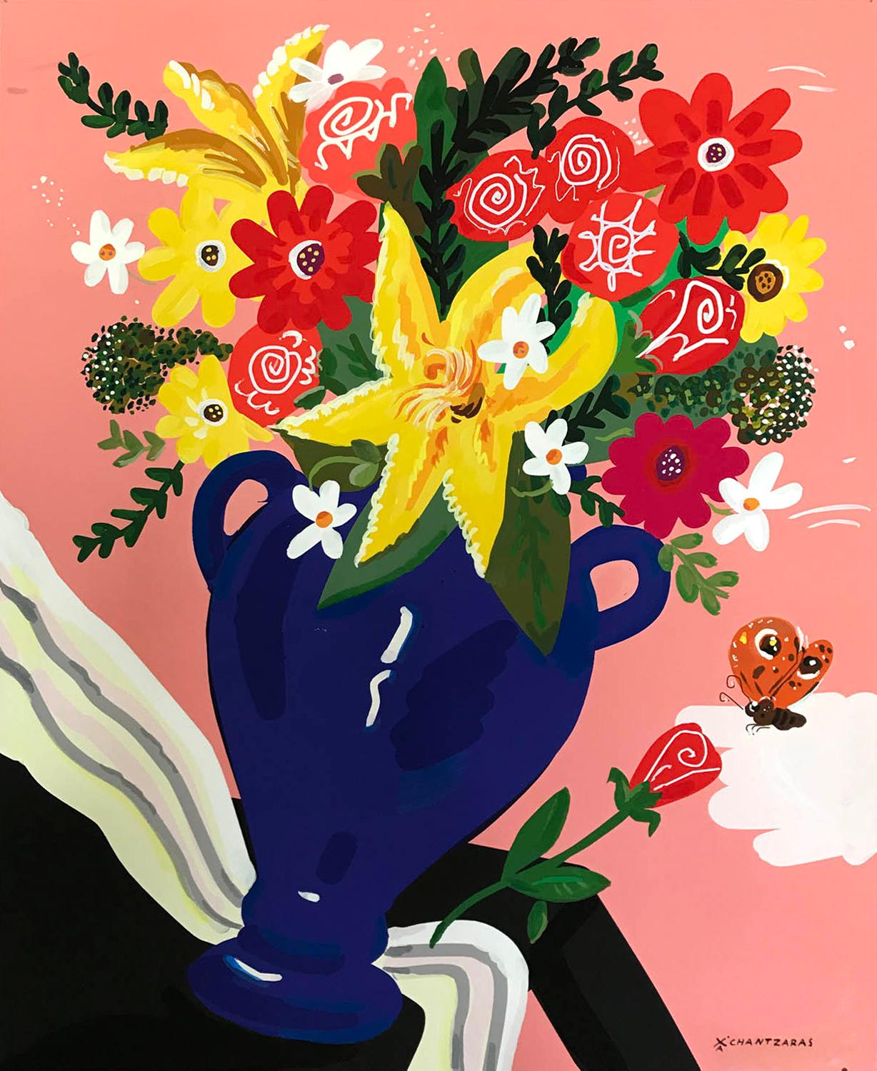 Still-Life Painting Apostolos Chantzaras - « papillon social », fleurs colorées de style Pop art, fond rose, cadre blanc