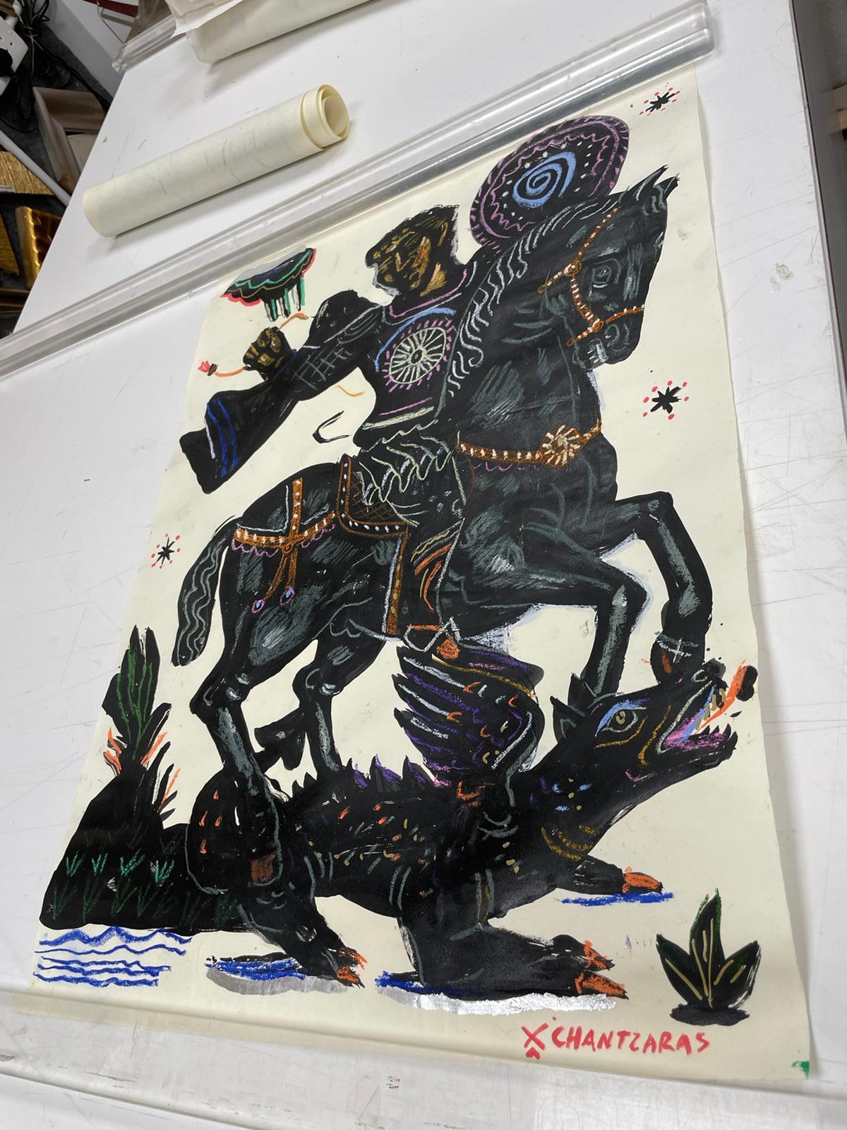 Spade, Pop and Contemporary, bold black painting on paper, with hero and horse - Painting by Apostolos Chantzaras