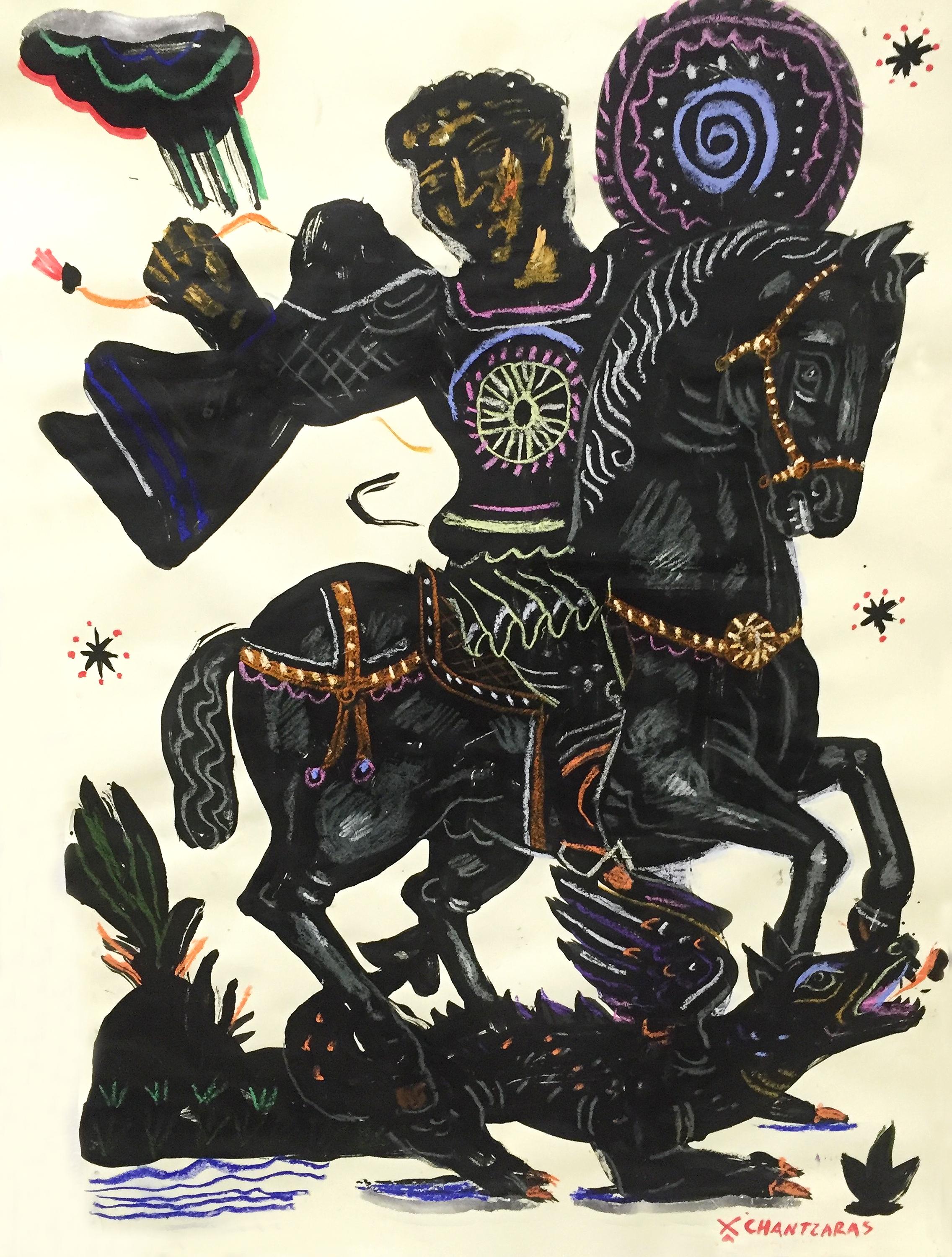 Spade, Pop and Contemporary, bold black painting on paper, with hero and horse
