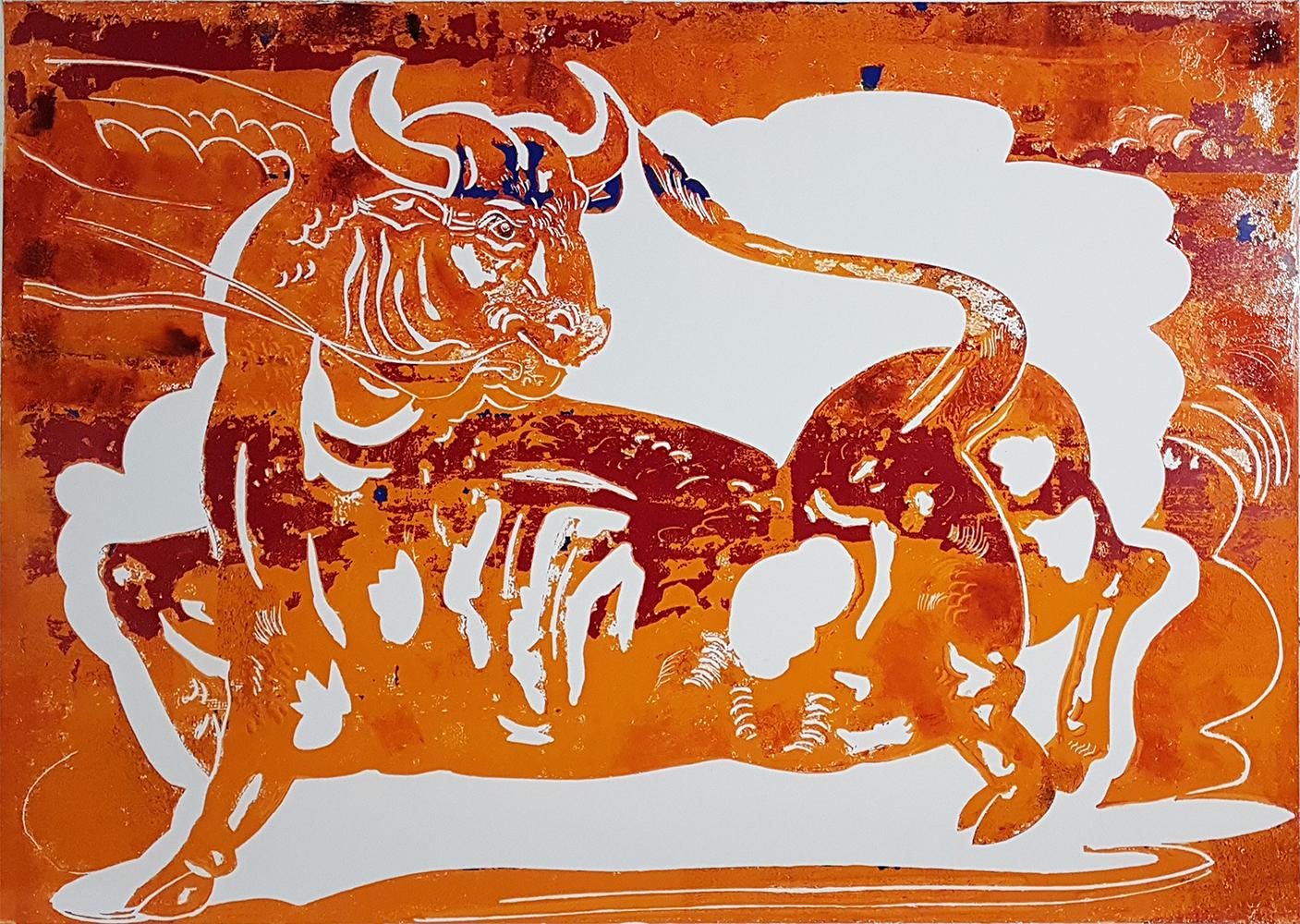 Sunset in Motion, mixed media painting on paper, contemporary bright colour bull - Painting by Apostolos Chantzaras