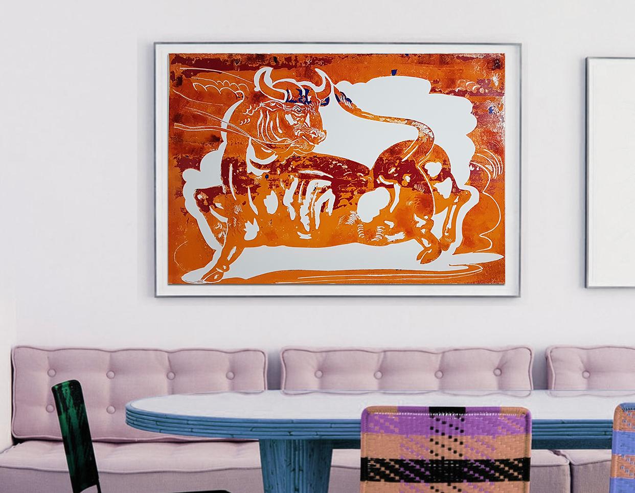 Apostolos Chantzaras Figurative Painting - Sunset in Motion, mixed media painting on paper, contemporary bright colour bull