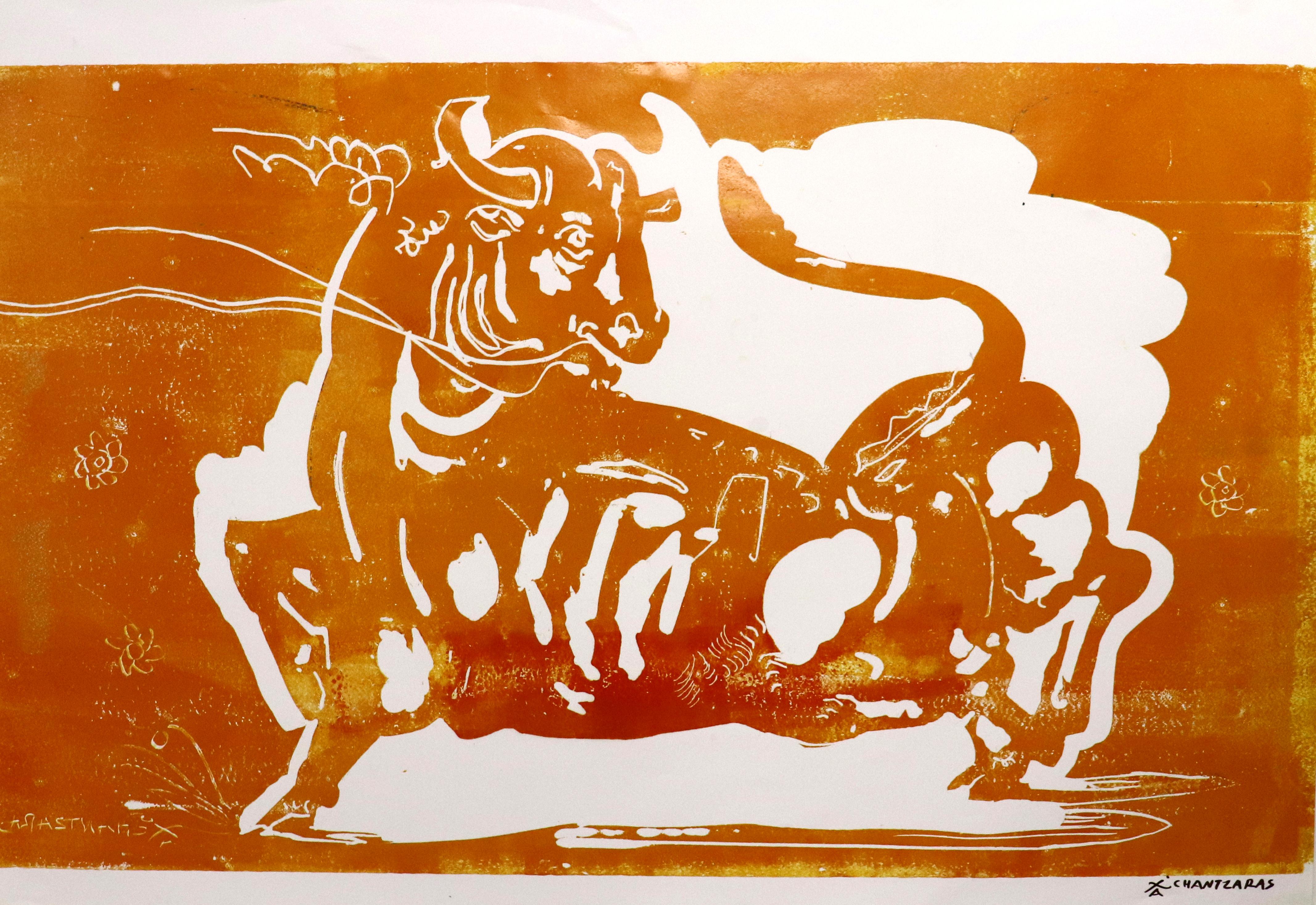 Apostolos Chantzaras Figurative Art - Taurus, Mythological animal, strong yellow bull, monochromatic painting on paper