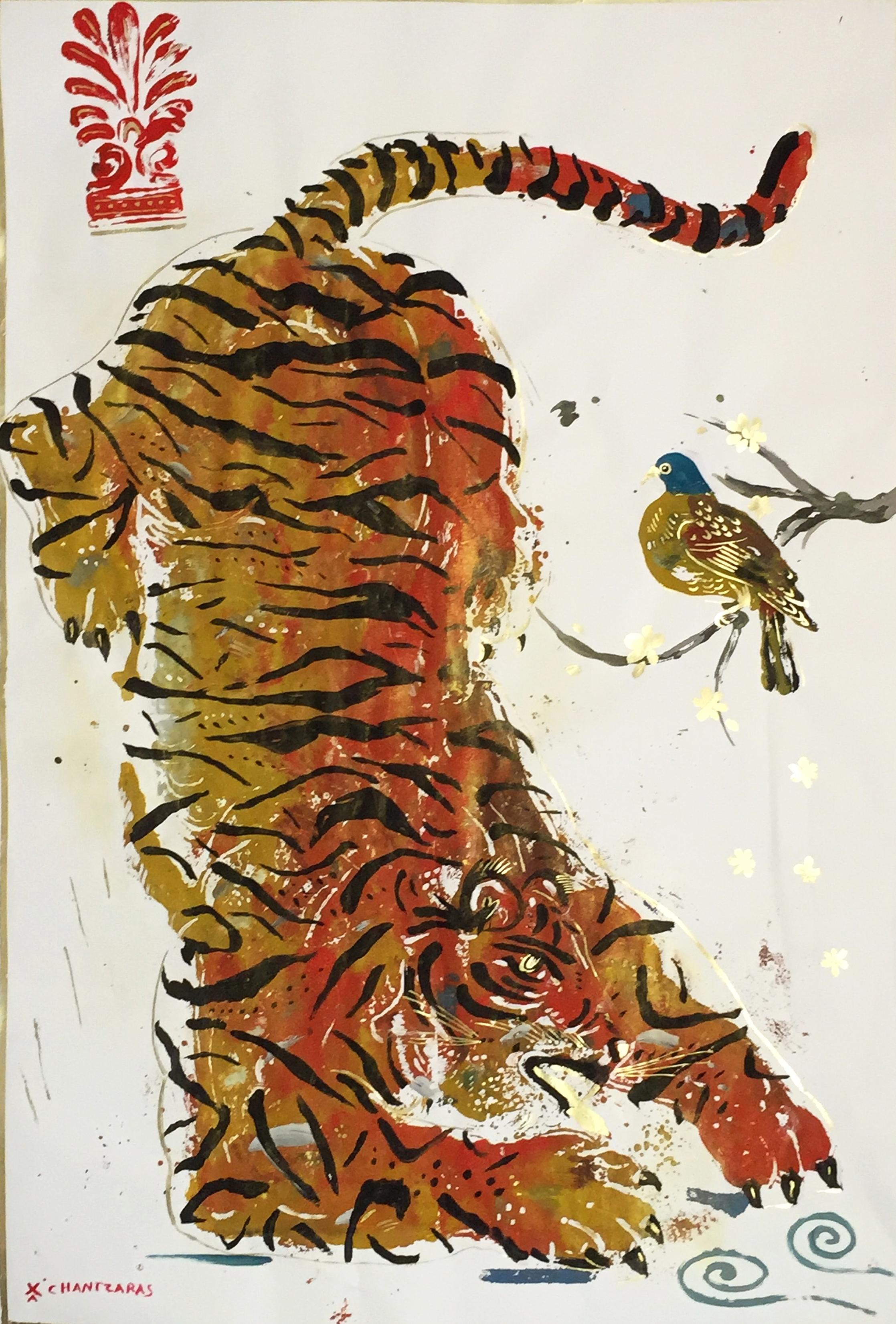 Apostolos Chantzaras Animal Art - The Hunt, Tiger, Acrylic paint and gold leaf on Fabriano paper