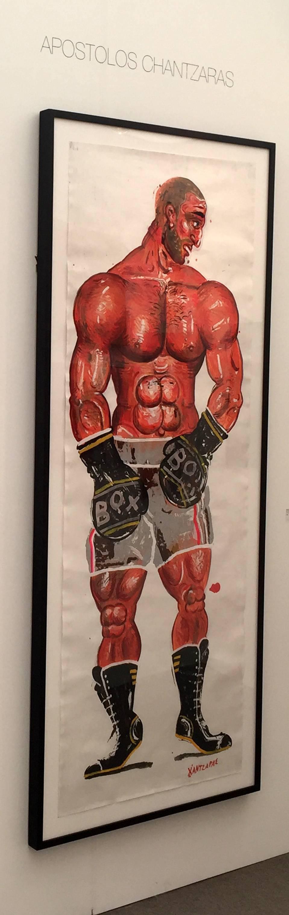 Theogene, Cuadro Boxer tamaño natural, óleo sobre papel, marco de nogal - Painting Contemporáneo de Apostolos Chantzaras