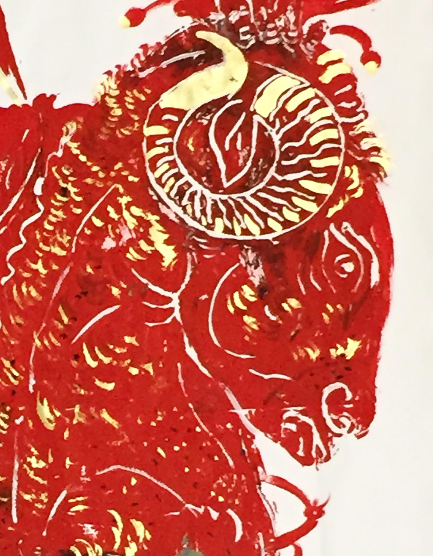 Tuono, dipinto su carta con ariete mitologico greco, acrilico e foglia d'oro 11