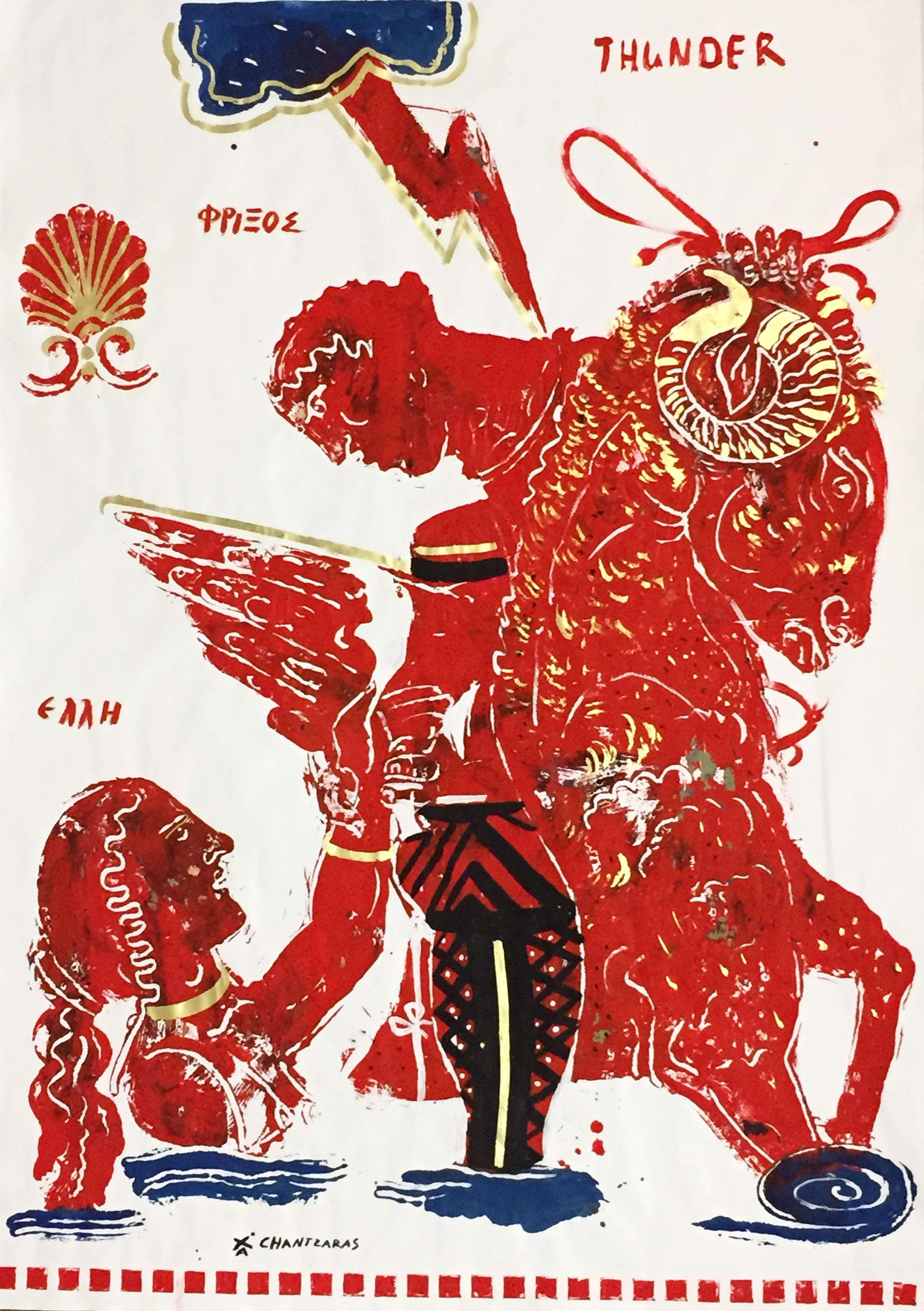 Thunder, painting on paper with Greek Mythological Ram, acrylic and gold leaf