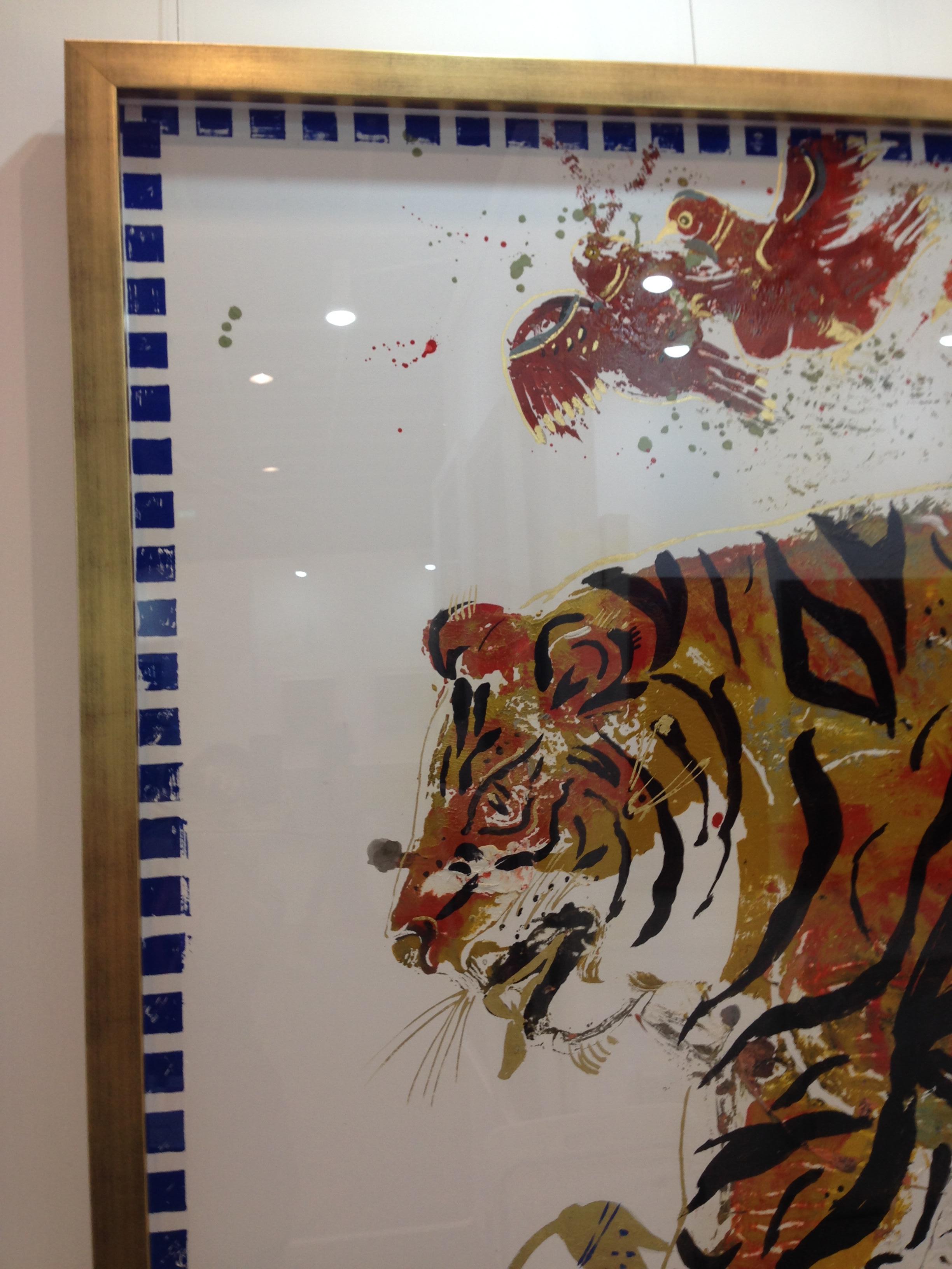 Tiger in Sunrise, Ancient Inspired painting on paper with acrylic and gold leaf - Gold Animal Painting by Apostolos Chantzaras