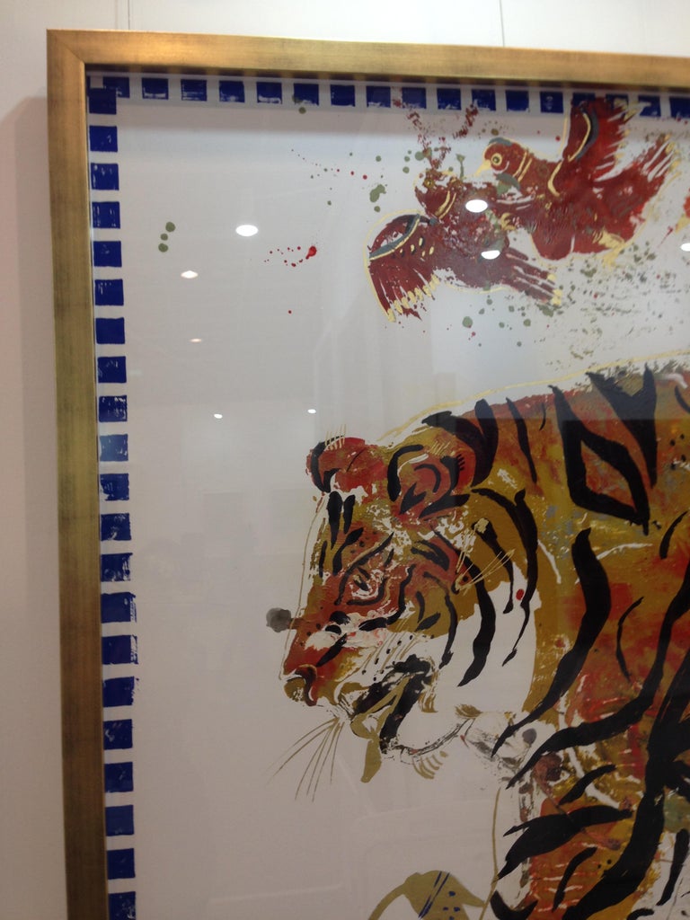 Tiger in Sunrise, Ancient Inspired painting on paper with acrylic and gold leaf For Sale 2