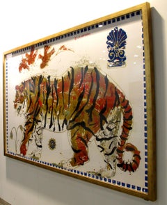 Tiger in Sunrise, Ancient Inspired painting on paper with acrylic and gold leaf