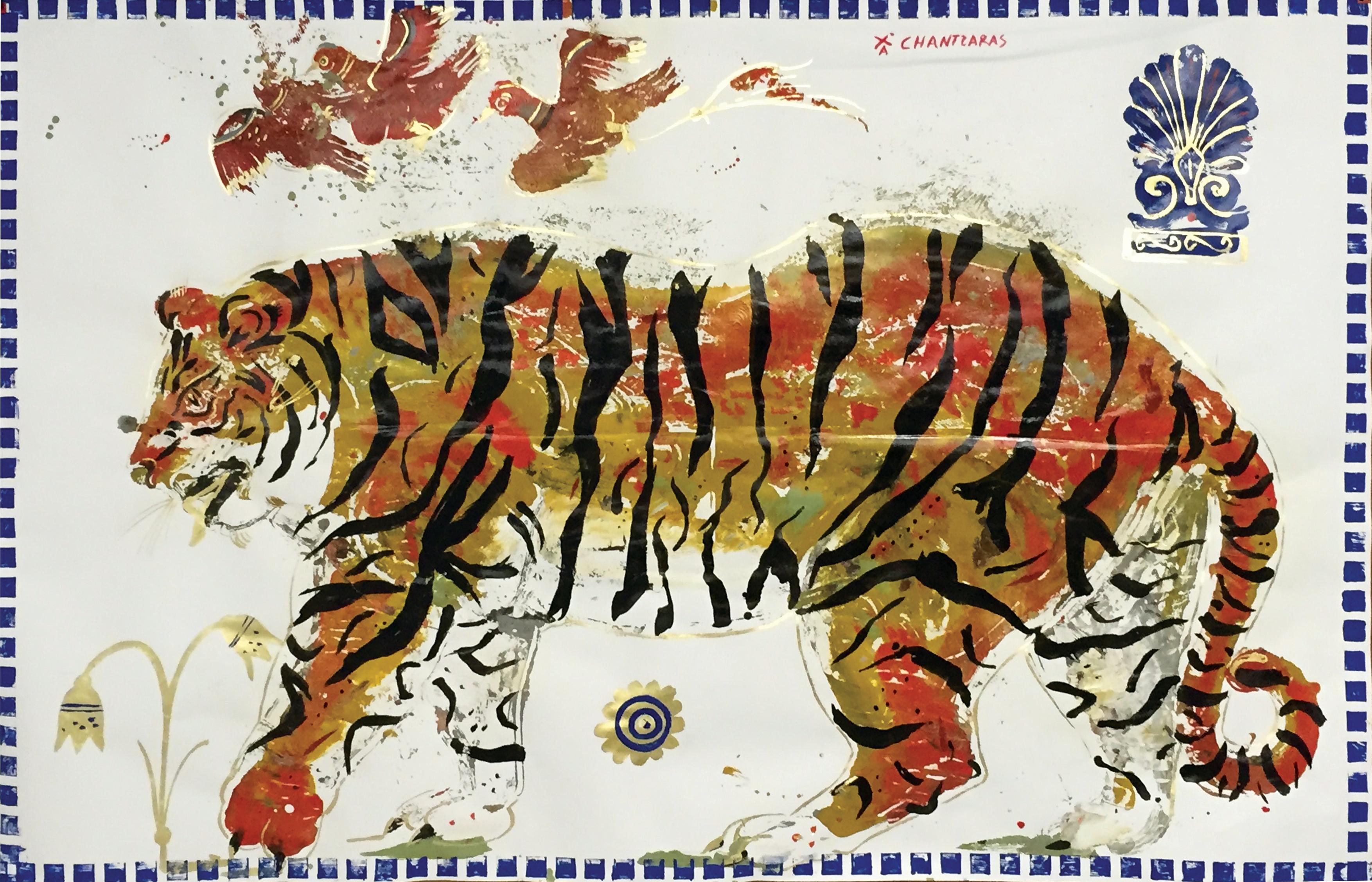 Tiger in Sunrise, Ancient Inspired painting on paper with acrylic and gold leaf