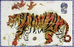 Tiger im Sonnenaufgang, antik inspiriertes Gemälde auf Papier mit Acryl und Blattgold