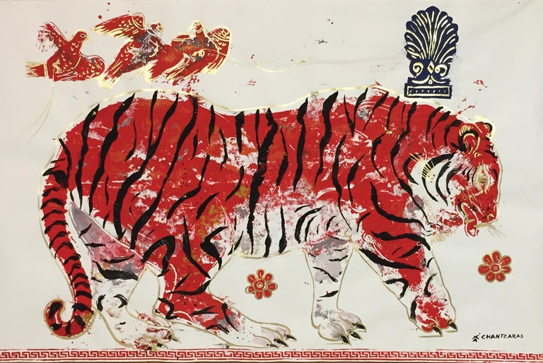 Apostolos Chantzaras Animal Painting - Tiger in Sunset, Ancient inspired painting on paper with acrylic and gold leaf
