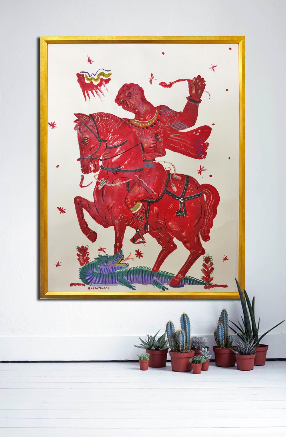 Vittoria e romanticismo, dipinto mitologico su carta con cavaliere rosso e cavallo - Painting di Apostolos Chantzaras
