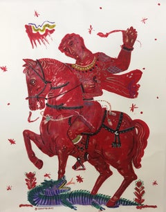 Vittoria e romanticismo, dipinto mitologico su carta con cavaliere rosso e cavallo