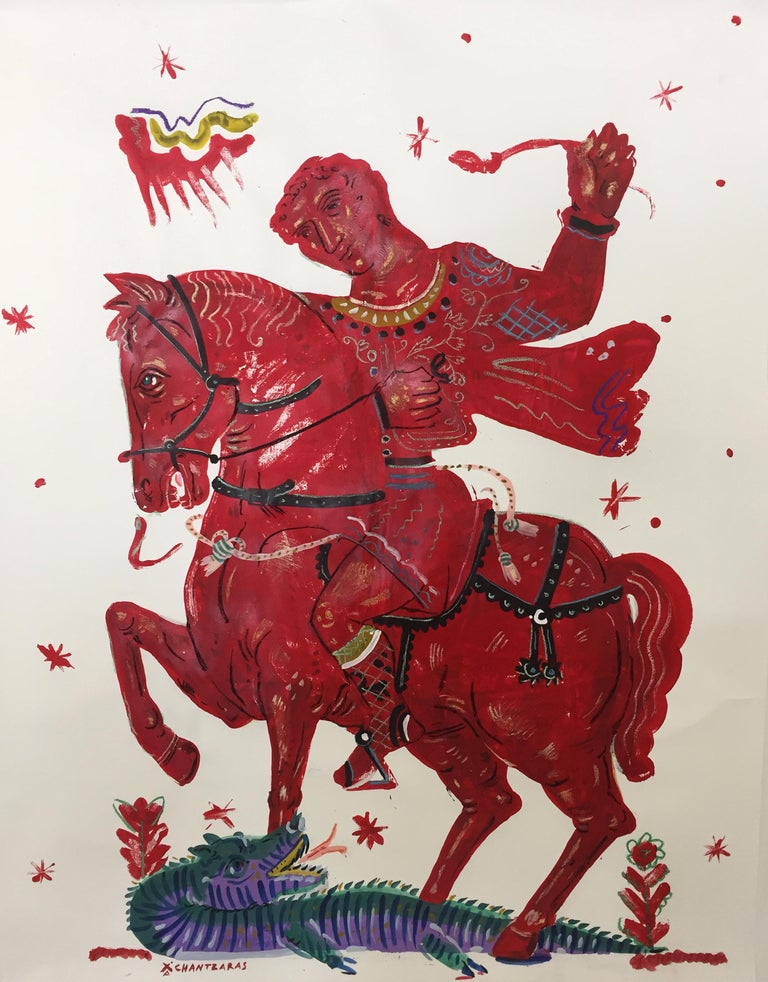 Apostolos Chantzaras Animal Painting - Victory and Romance, Mythological painting on paper with Red Rider and Horse