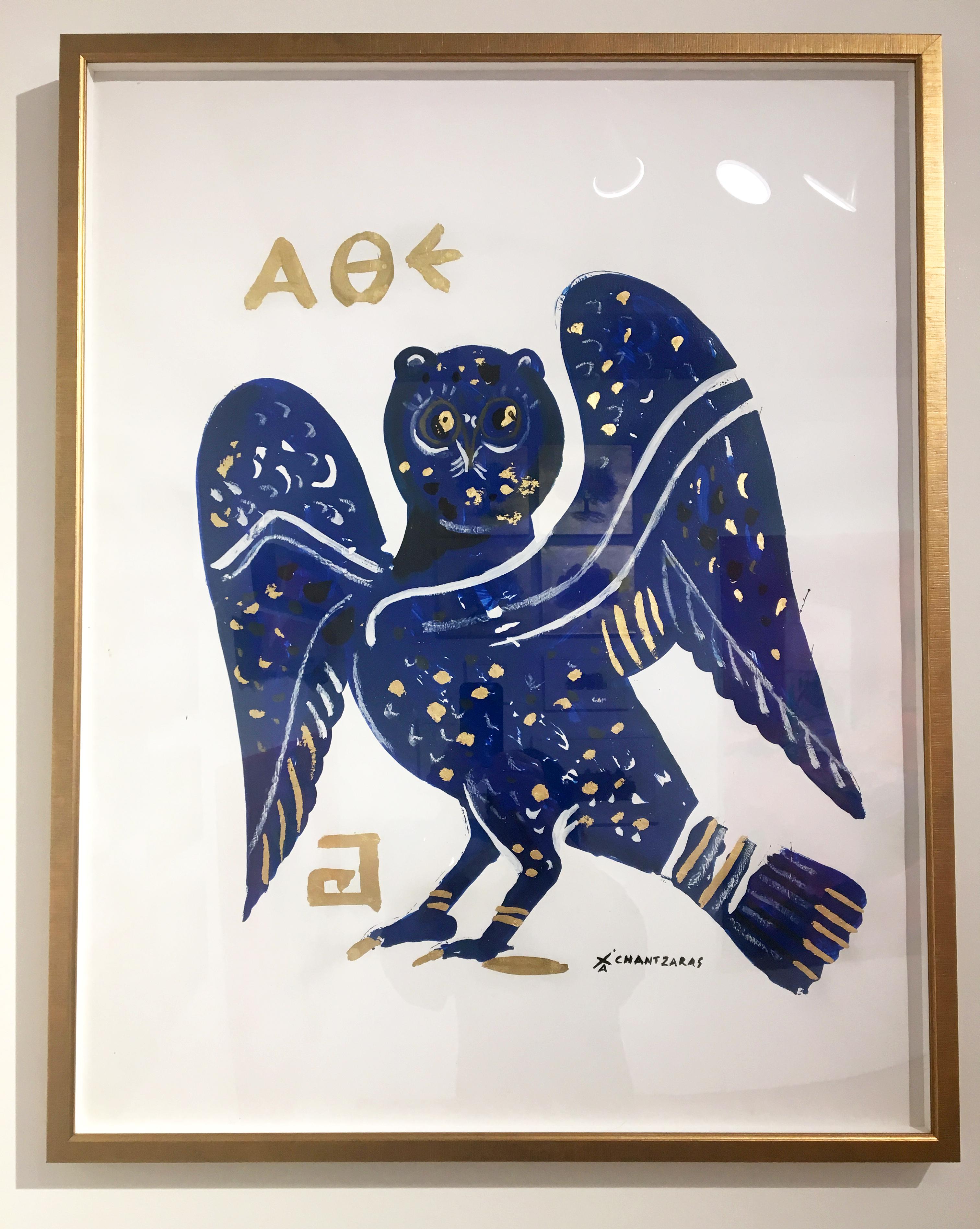 Apostolos Chantzaras Figurative Painting - Cleopatra Owl III, oil paint on paper, gold and blue contemporary golden frame