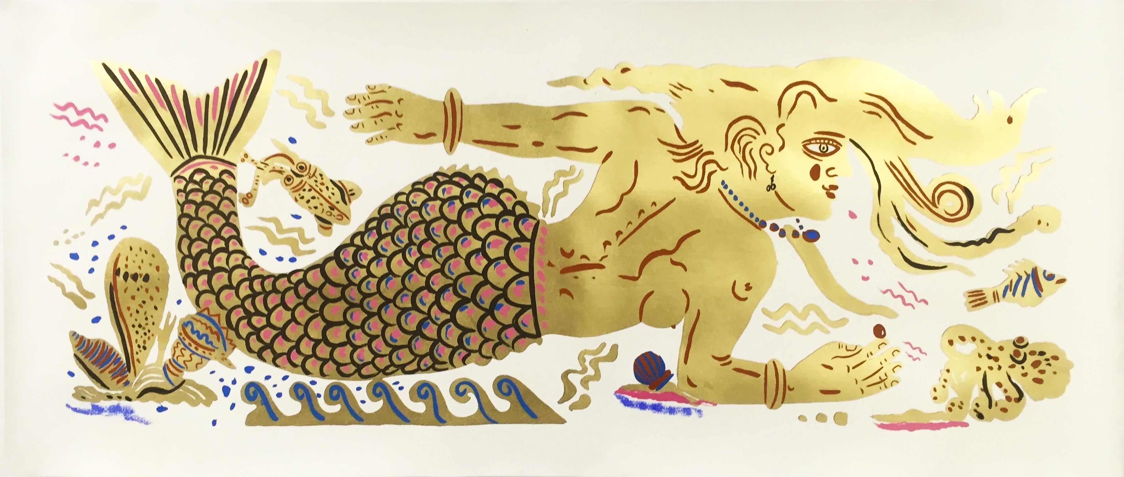 Maritim Maritime Dream, antik-griechisch inspiriertes Gemälde auf Papier, handgefertigtes Blattgold (Zeitgenössisch), Art, von Apostolos Chantzaras