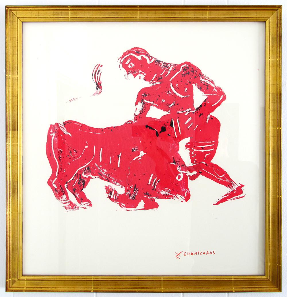 Myth and Games II, red monoprint of ancient Greek figure and bull, gold frame - Painting by Apostolos Chantzaras