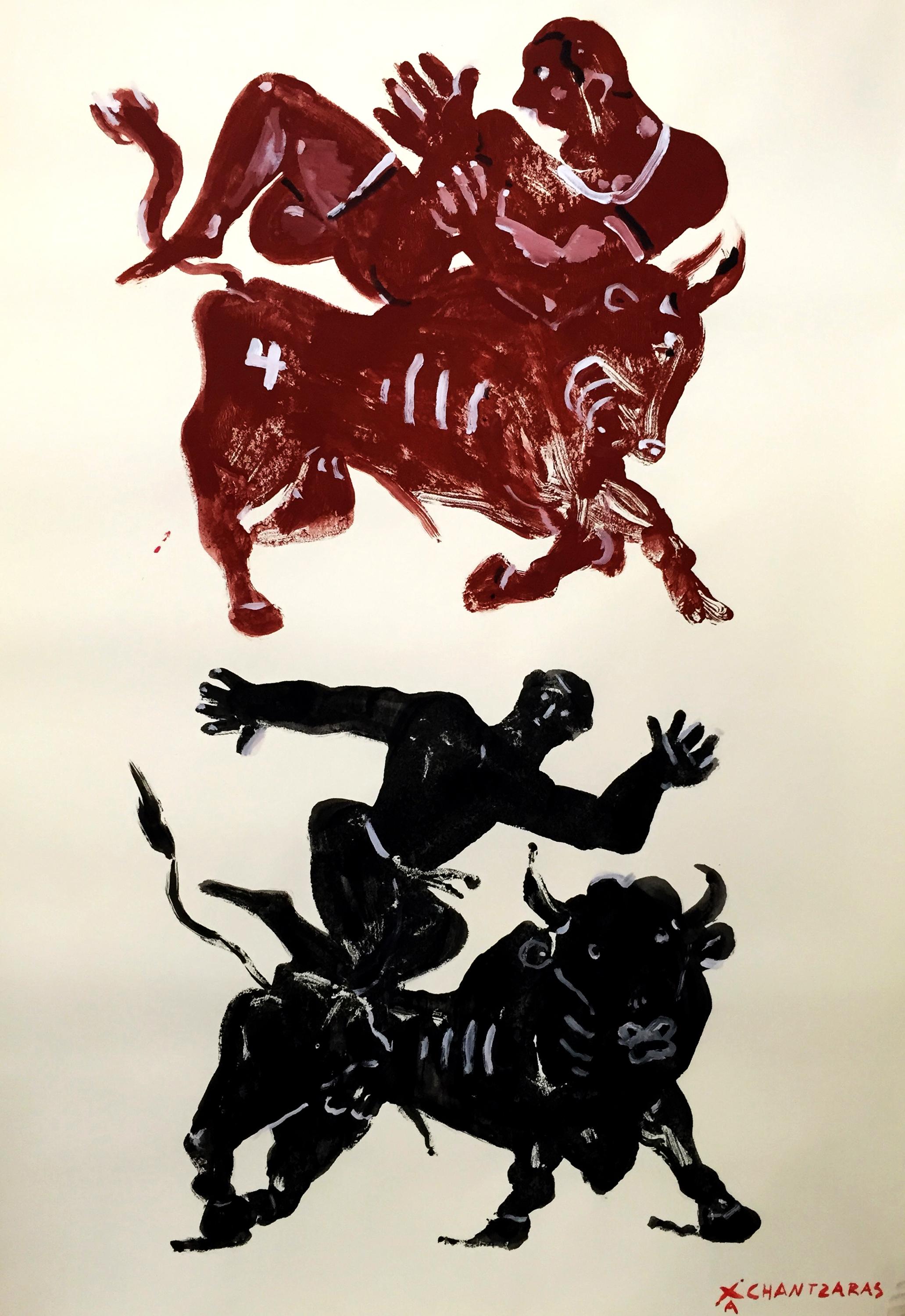 Apostolos Chantzaras Figurative Print - Myth and Games V, brown and black monoprint of ancient style figures and bulls