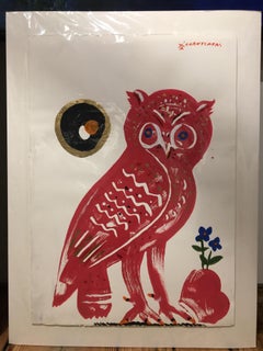 Owl 12 - Red Eirene, Painting on paper, gold and blue contemporary whimsical