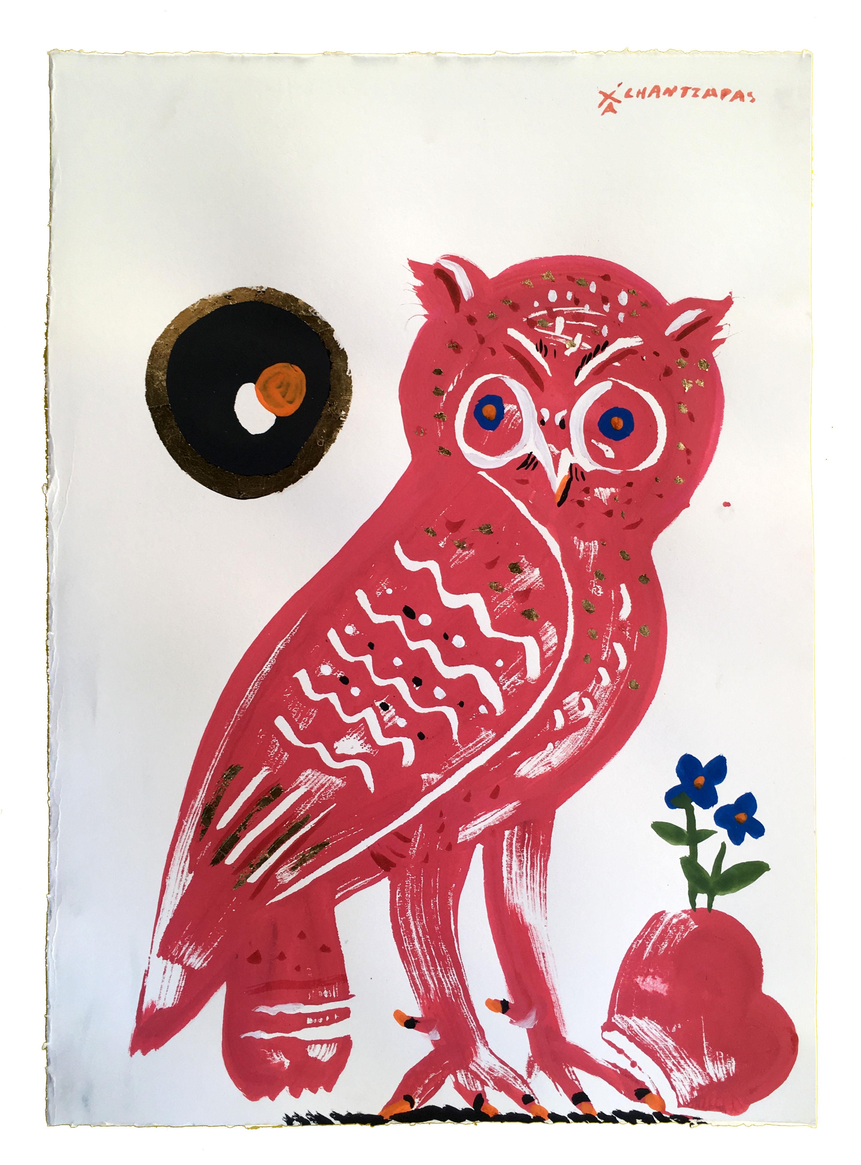 Owl 12 - Red Eirene, oil paint on paper, gold and blue contemporary whimsical 