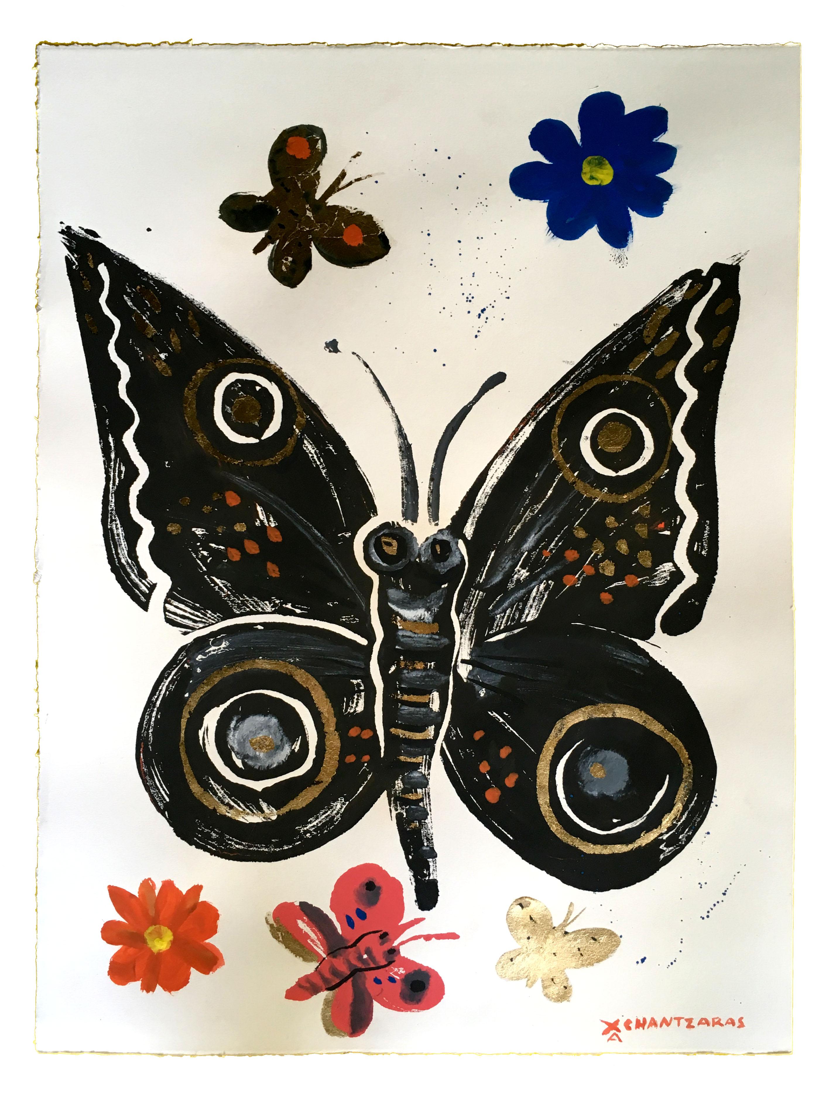 Apostolos Chantzaras Figurative Painting - Psychi 8 - The Soul, oil paint on paper, black contemporary whimsical butterfly