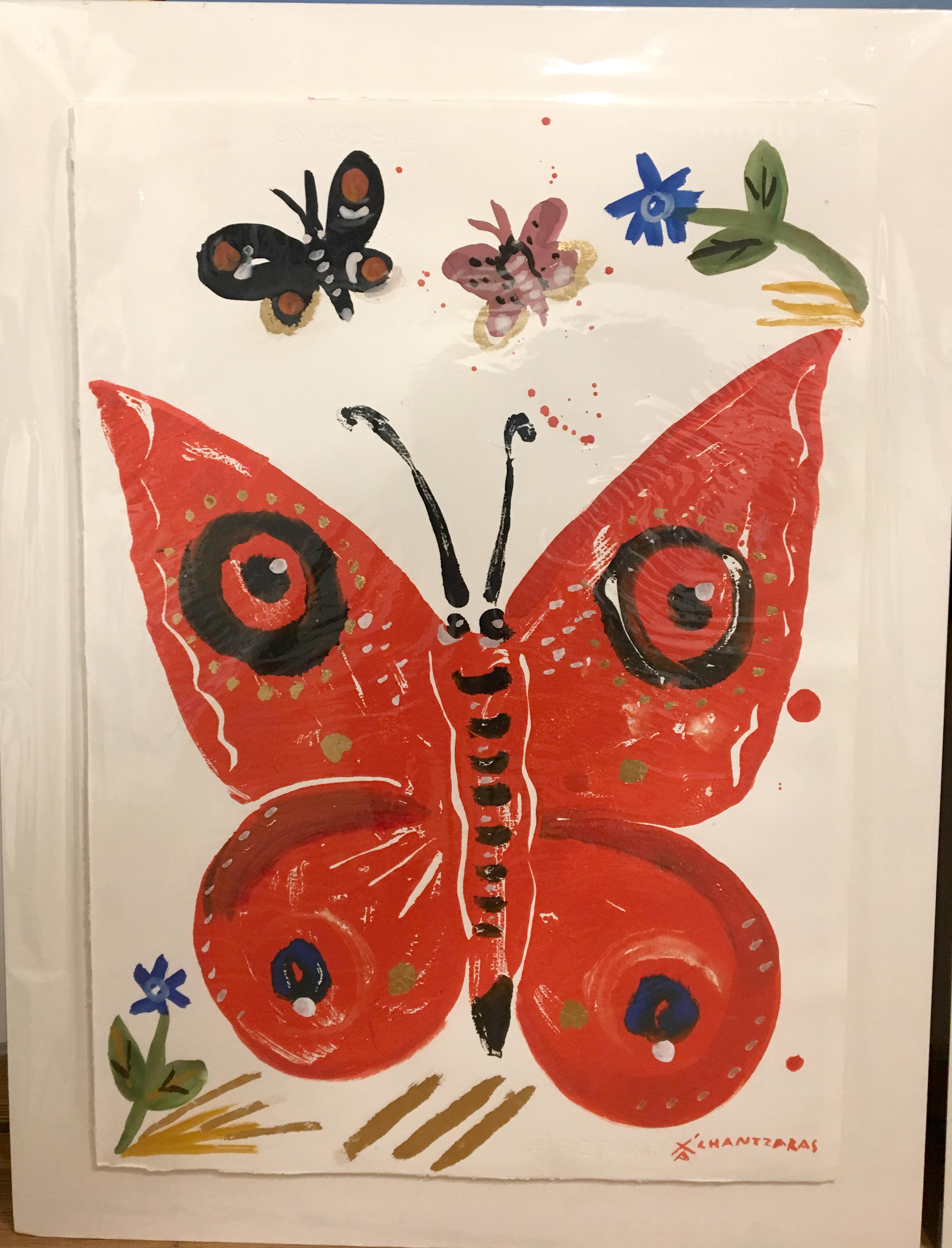 Psychi 9 - Die Seele, Ölfarbe auf Papier, orangefarbener zeitgenössischer skurriler Schmetterling – Painting von Apostolos Chantzaras