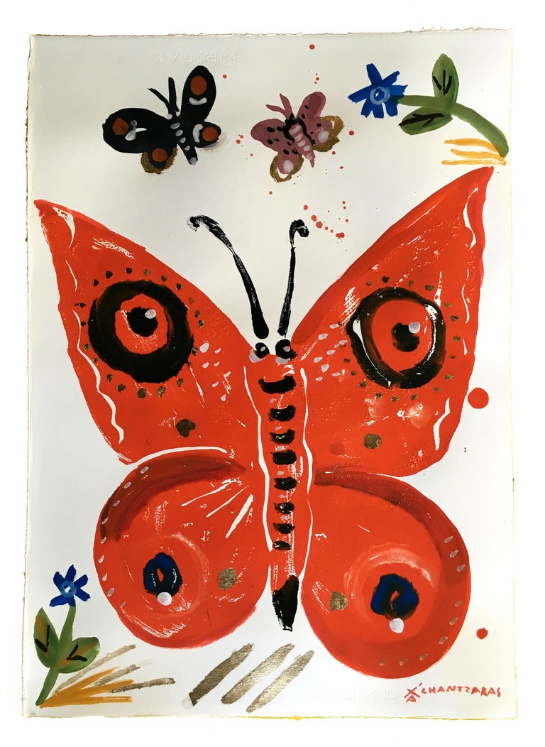 Apostolos Chantzaras Animal Painting - Psychi 9 - The Soul, oil paint on paper, orange contemporary whimsical butterfly
