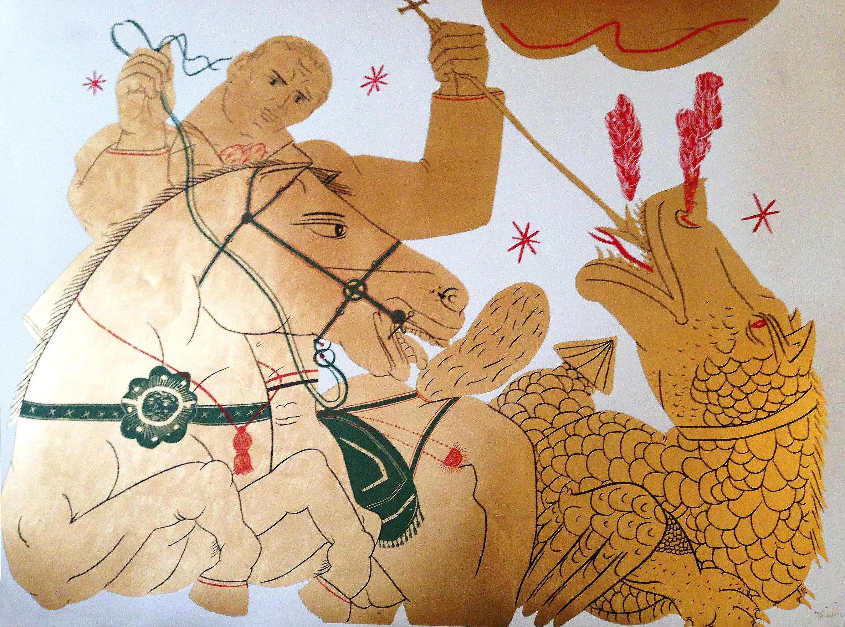 Apostolos Chantzaras Animal Painting - Saint George and Dragon, Gold Asian inspired mixed media and gold leaf on paper