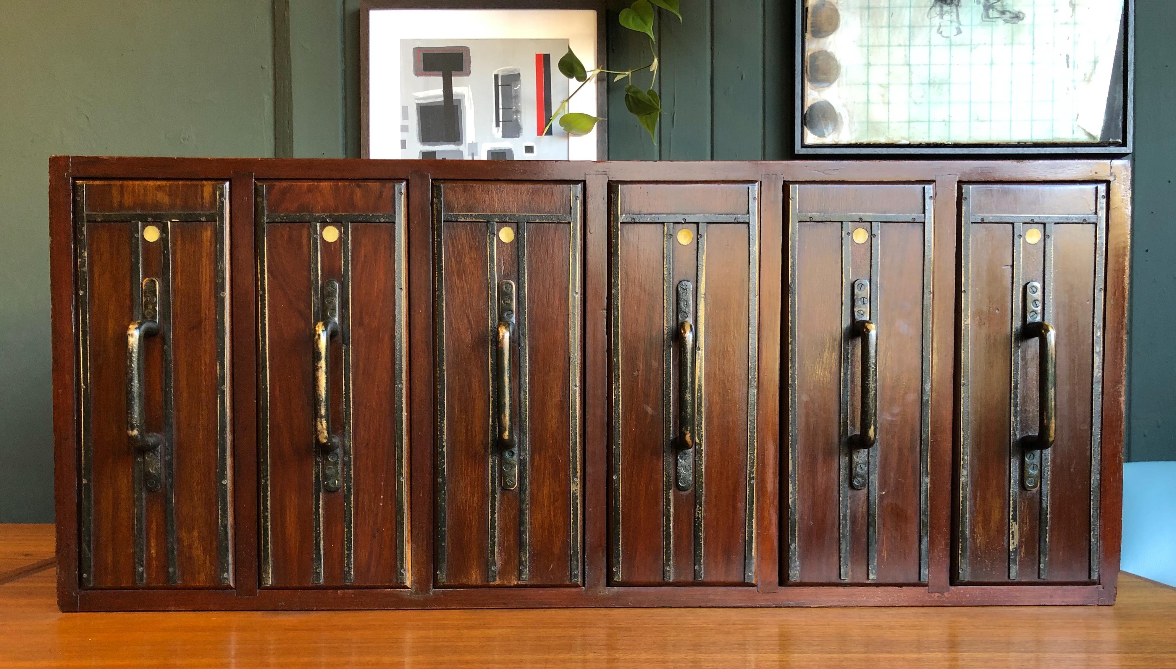 English Apothecary Cabinet, Early 20th Century, Vertical Drawers with 113 Glass Bottles