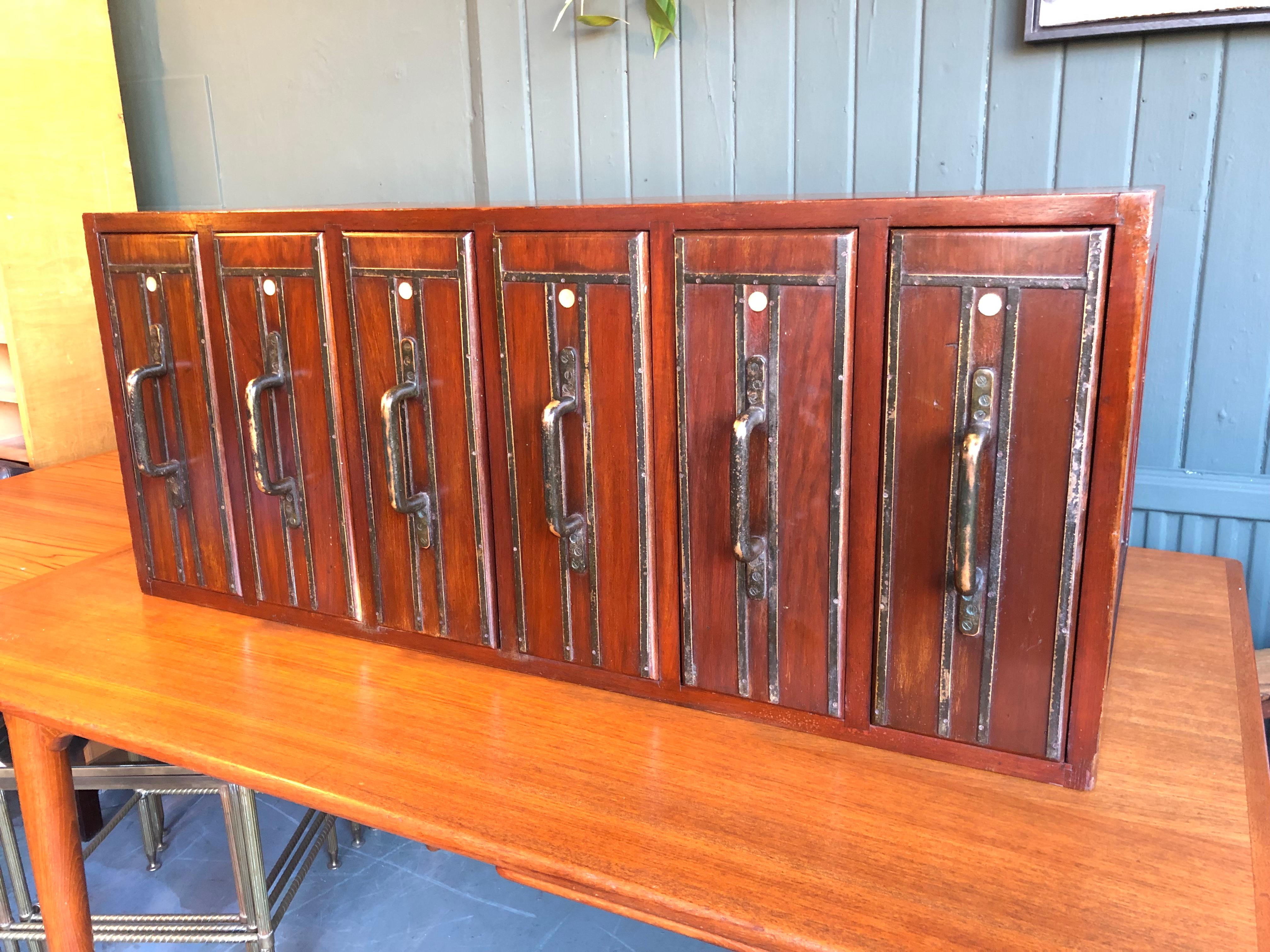 Brass Apothecary Cabinet, Early 20th Century, Vertical Drawers with 113 Glass Bottles