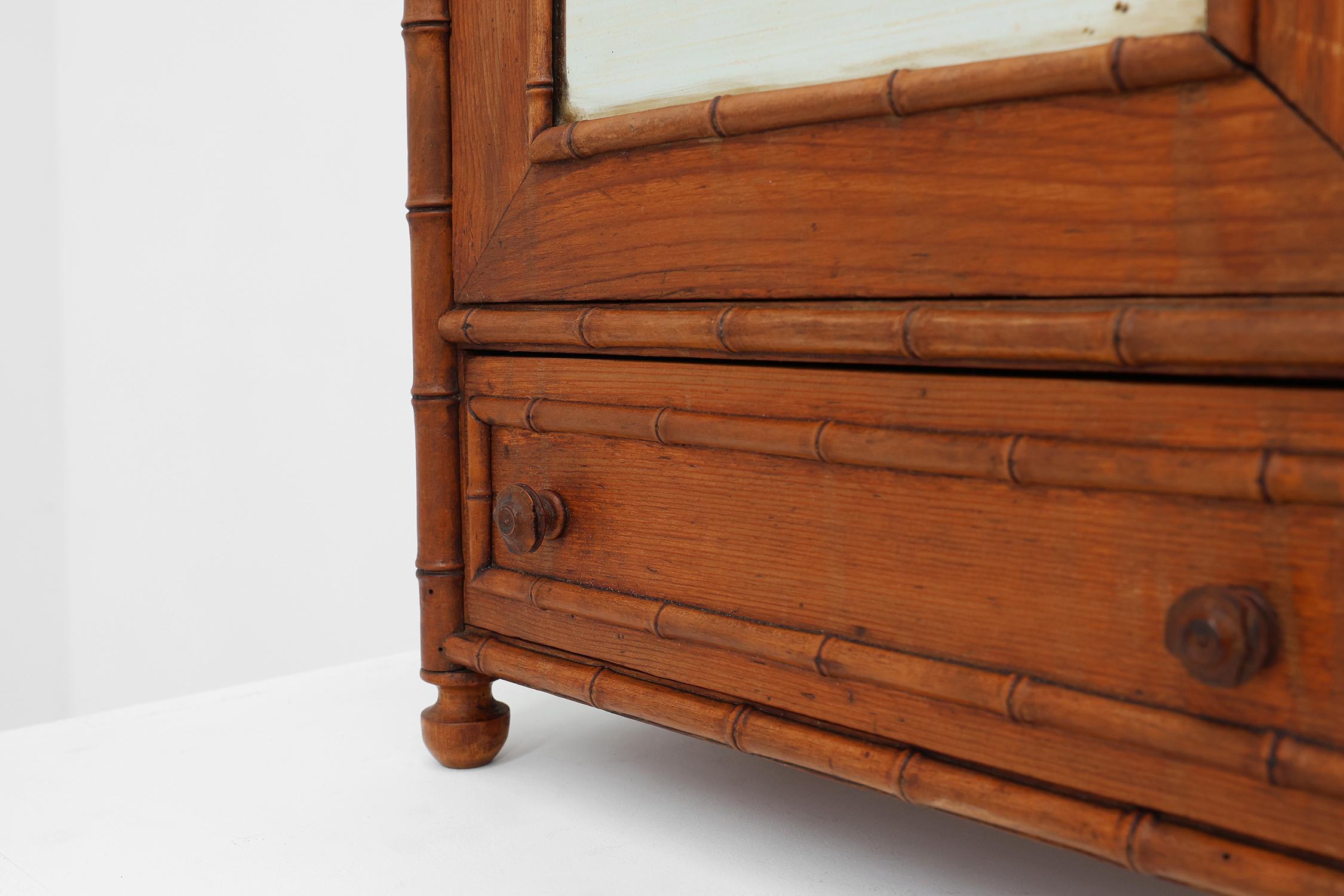 French Apothecary cabinet in faux bamboo with mirror and drawer, France 1900s For Sale