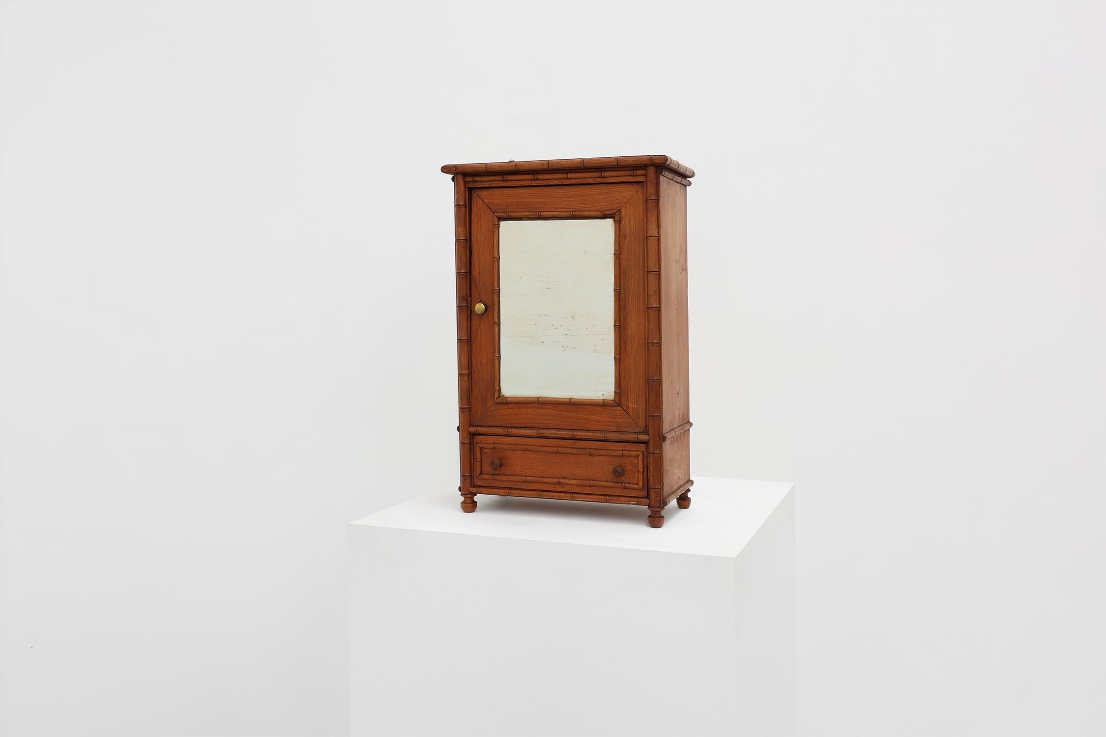 Apothecary cabinet in faux bamboo with mirror and drawer, France 1900s For Sale 2