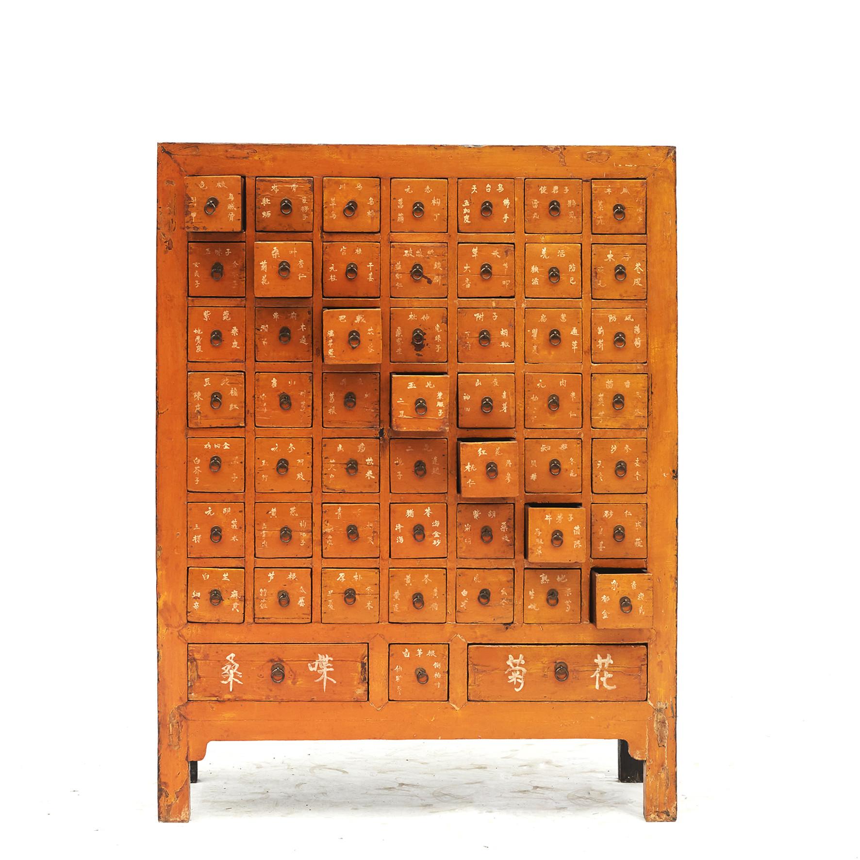 Chinese apothecary / pharmacy medicine chest with 52 drawers.
Drawers with descriptions of the different medicinal herbs.
China, mid-19th century.

Previously in China, the doctor and pharmacist were the same person and the medicine chest was